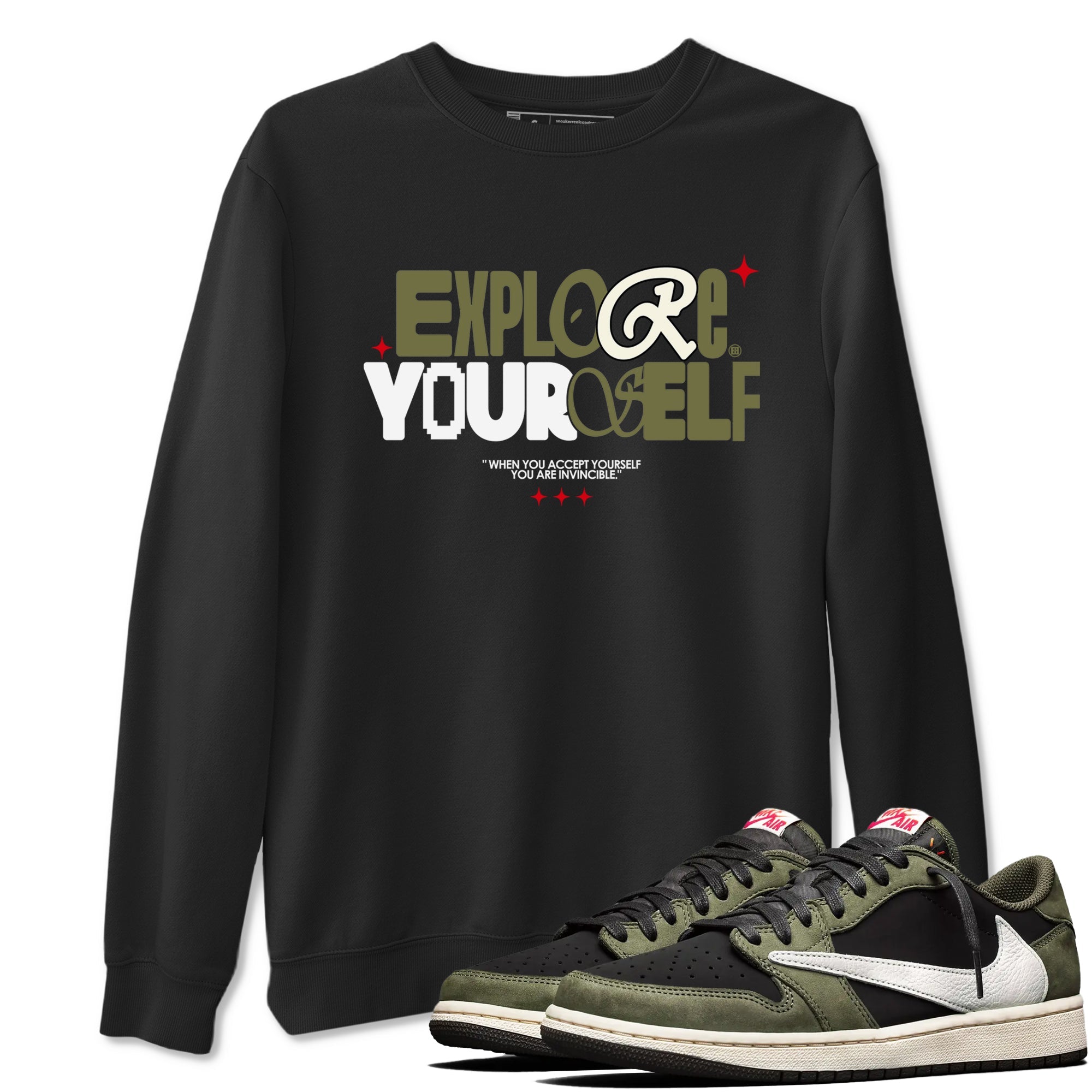 AJ1 Travis Scott Black Olive shirts to match jordans Explore Yourself sneaker match tees Air Jordan 1 Travis Scott Black Olive Drip Gear Zone streetwear brand Black 1 unisex cotton tee