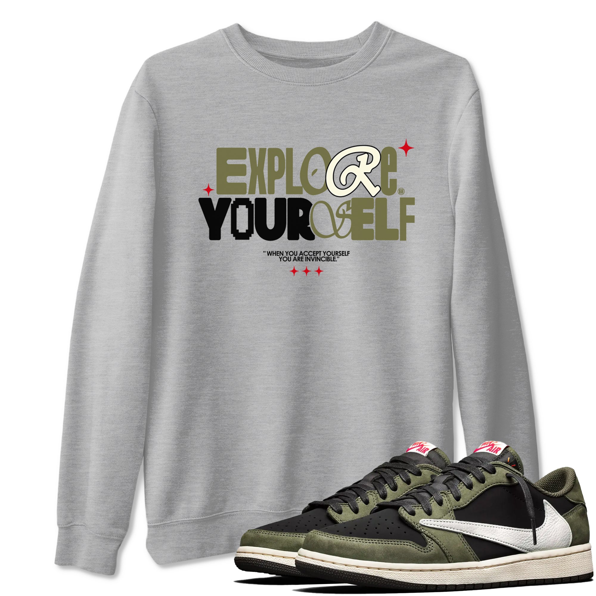 AJ1 Travis Scott Black Olive shirts to match jordans Explore Yourself sneaker match tees Air Jordan 1 Travis Scott Black Olive Drip Gear Zone streetwear brand Heather Grey 1 unisex cotton tee