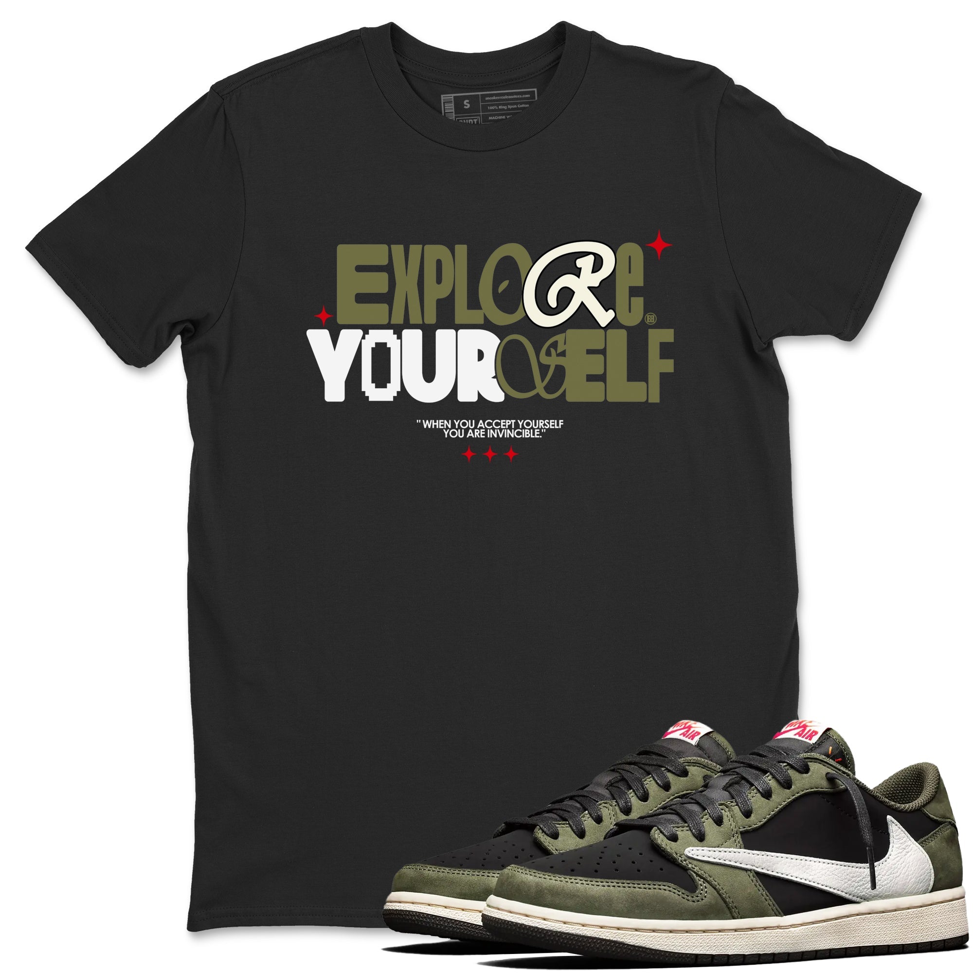 AJ1 Travis Scott Black Olive shirts to match jordans Explore Yourself sneaker match tees Air Jordan 1 Travis Scott Black Olive Drip Gear Zone streetwear brand Black 1 unisex cotton tee