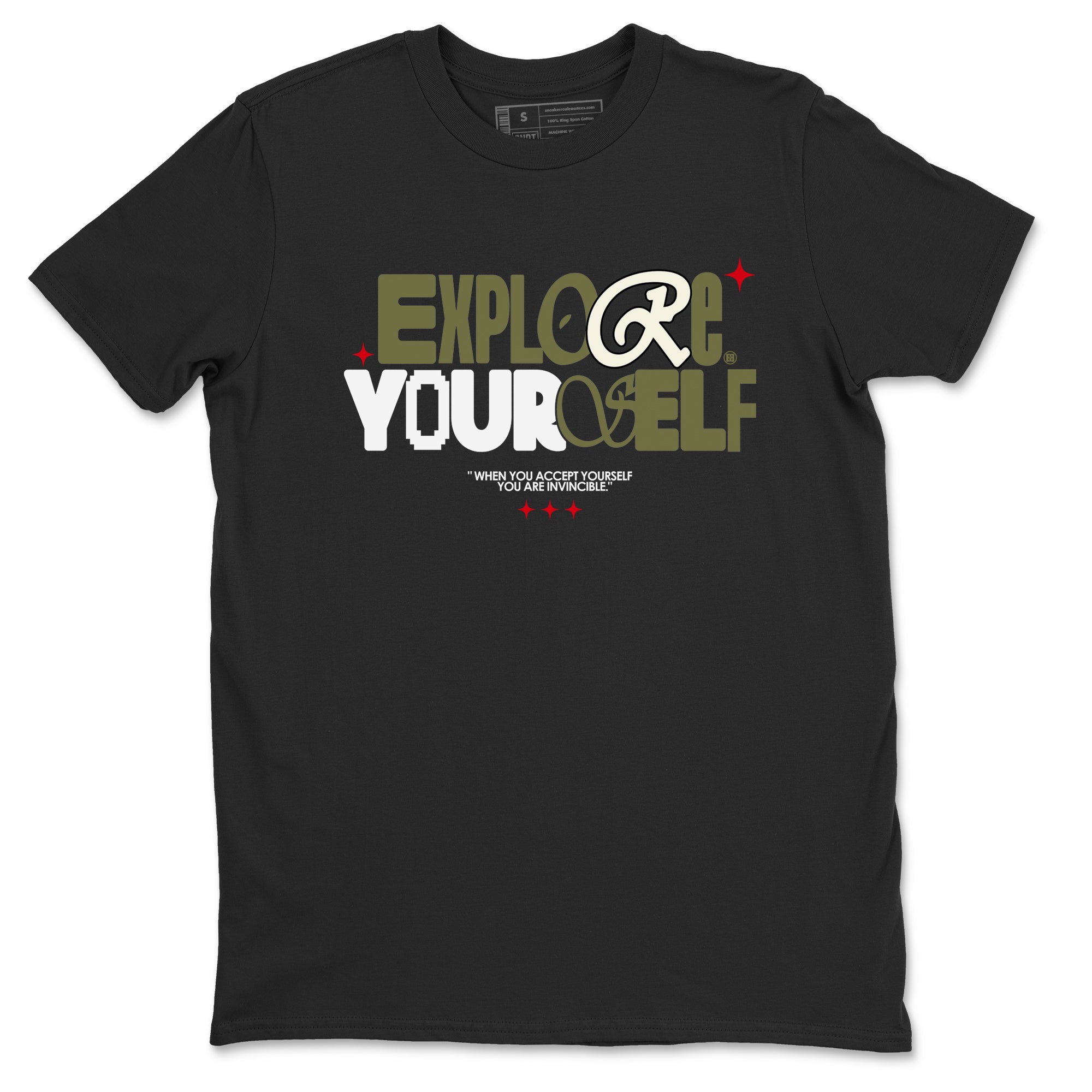 AJ1 Travis Scott Black Olive shirts to match jordans Explore Yourself sneaker match tees Air Jordan 1 Travis Scott Black Olive Drip Gear Zone streetwear brand Black 2 unisex cotton tee
