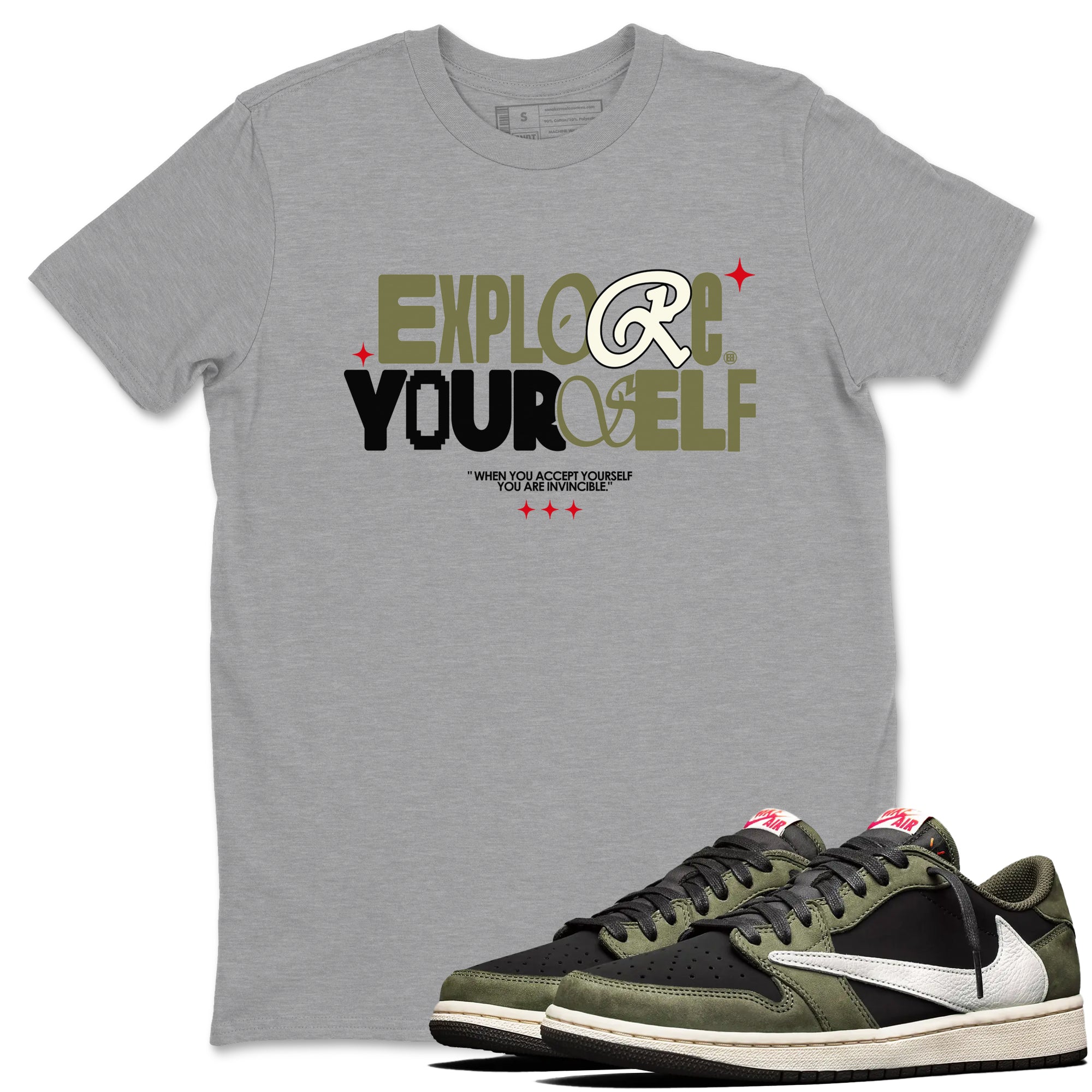 AJ1 Travis Scott Black Olive shirts to match jordans Explore Yourself sneaker match tees Air Jordan 1 Travis Scott Black Olive Drip Gear Zone streetwear brand Heather Grey 1 unisex cotton tee