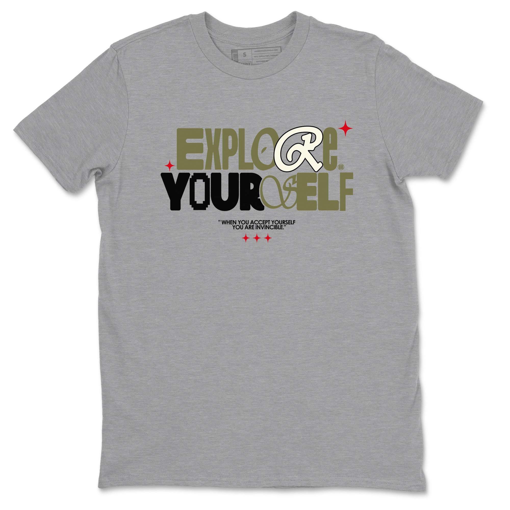AJ1 Travis Scott Black Olive shirts to match jordans Explore Yourself sneaker match tees Air Jordan 1 Travis Scott Black Olive Drip Gear Zone streetwear brand Heather Grey 2 unisex cotton tee