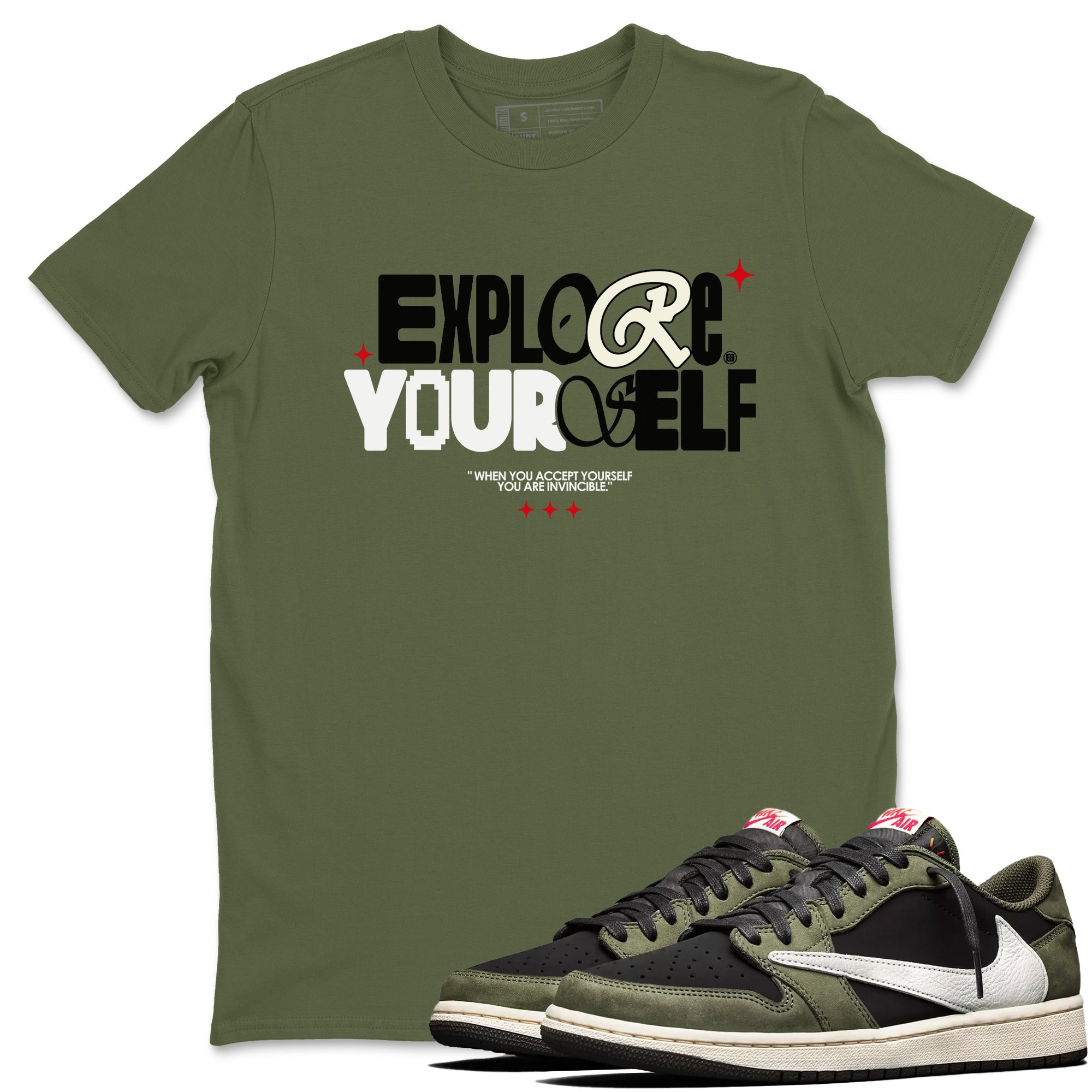 AJ1 Travis Scott Black Olive shirts to match jordans Explore Yourself sneaker match tees Air Jordan 1 Travis Scott Black Olive Drip Gear Zone streetwear brand Military Green 1 unisex cotton tee