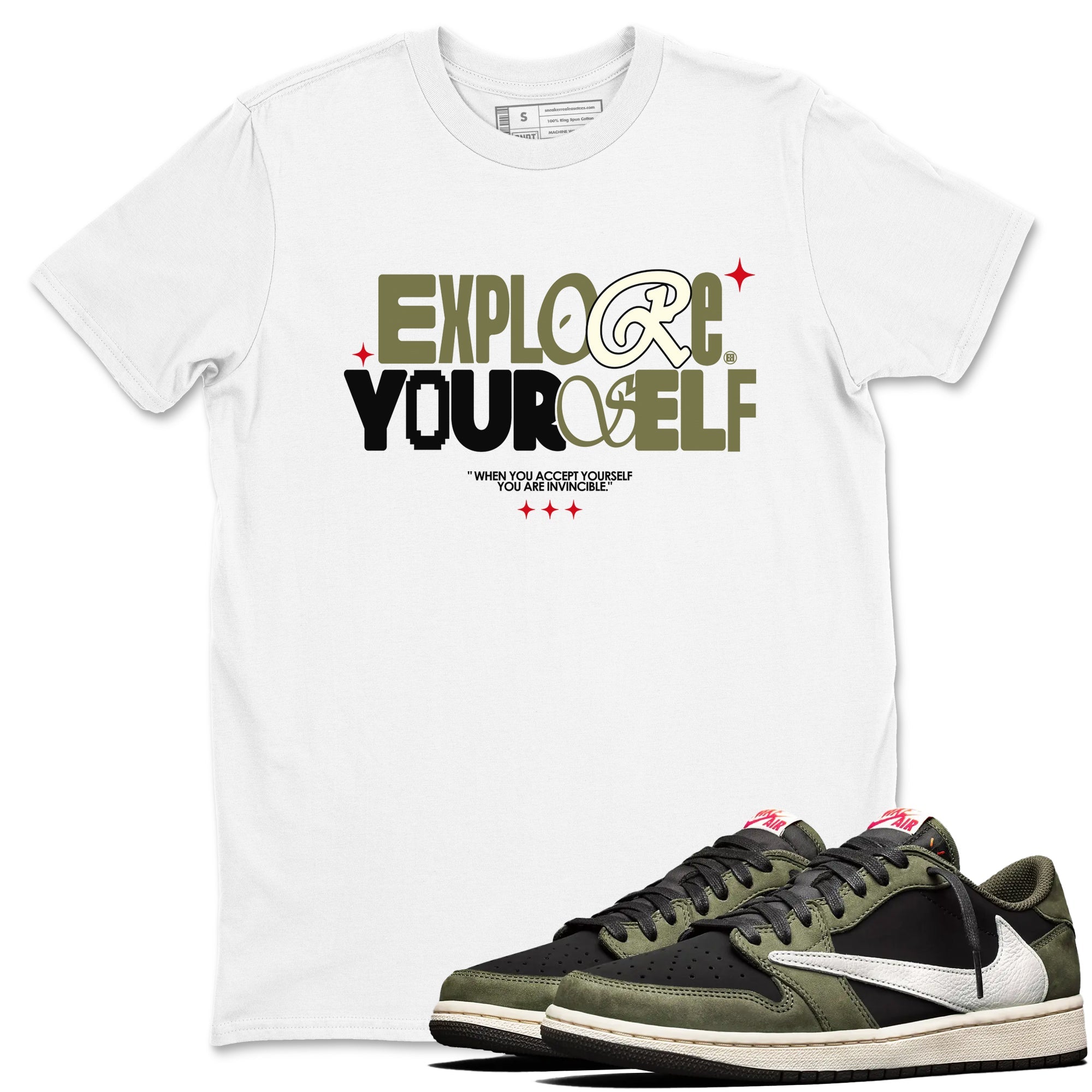 AJ1 Travis Scott Black Olive shirts to match jordans Explore Yourself sneaker match tees Air Jordan 1 Travis Scott Black Olive Drip Gear Zone streetwear brand White 1 unisex cotton tee