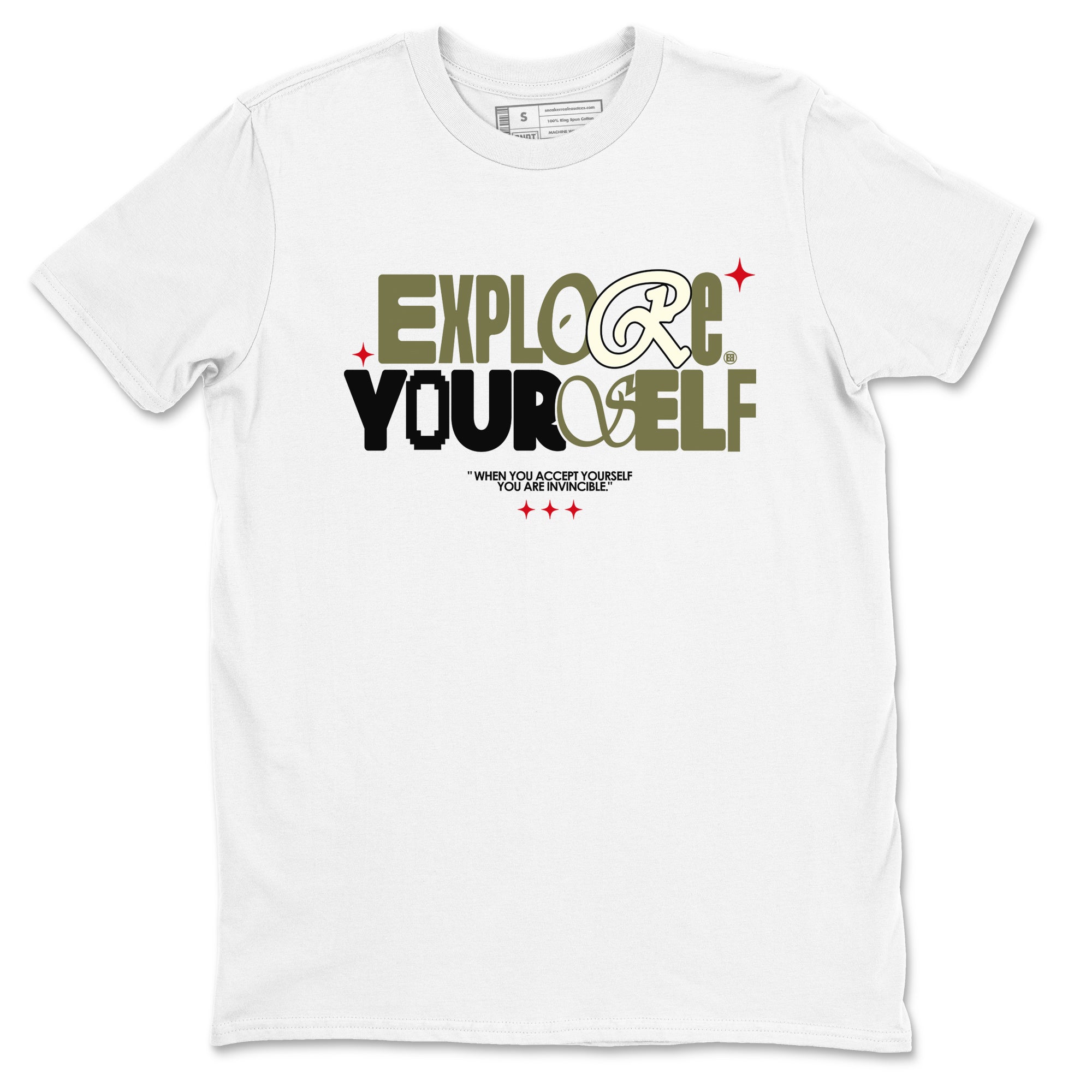 AJ1 Travis Scott Black Olive shirts to match jordans Explore Yourself sneaker match tees Air Jordan 1 Travis Scott Black Olive Drip Gear Zone streetwear brand White 2 unisex cotton tee