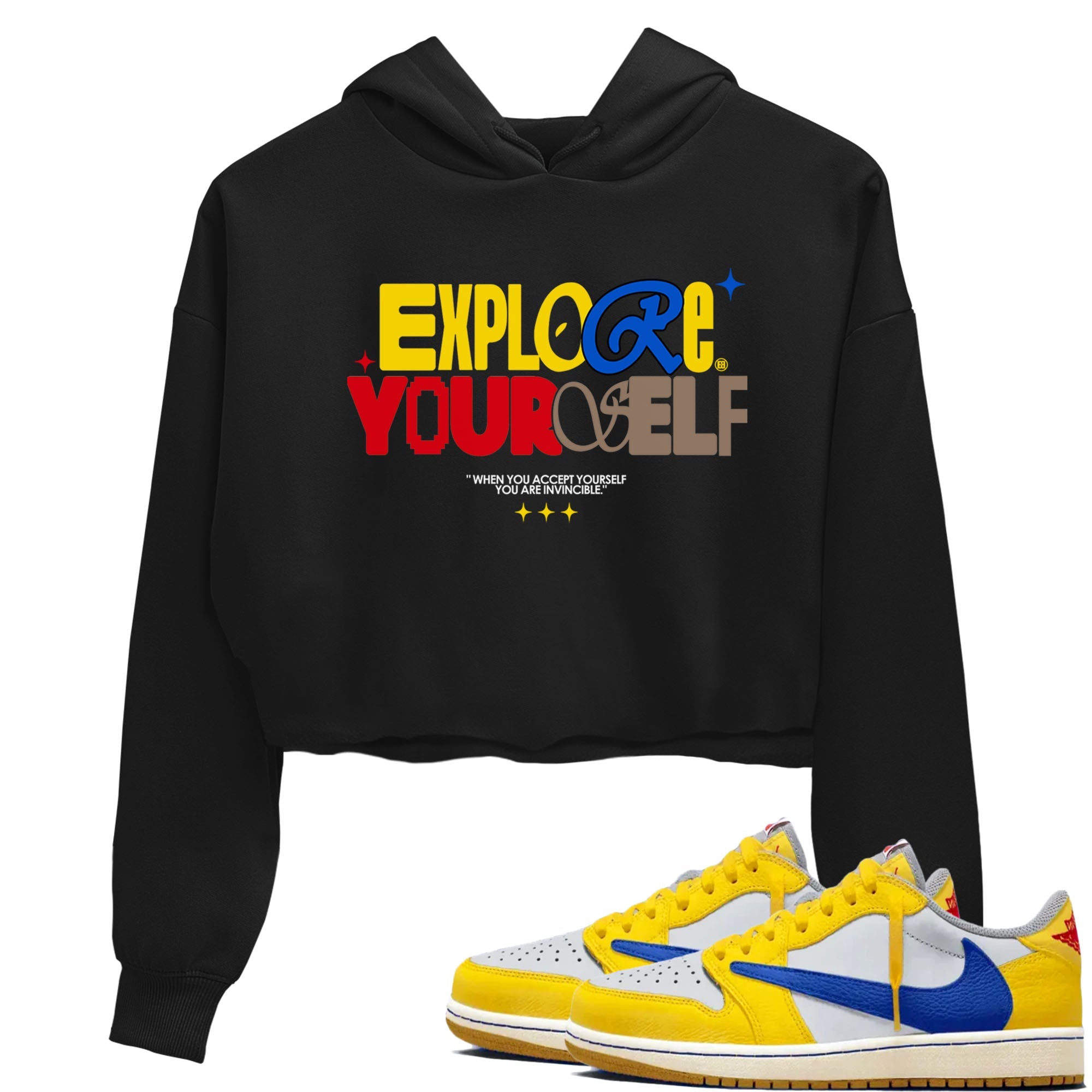 Air Jordan 1 Low Travis Scott Canary shirts to match jordans Explore Yourself sneaker match tees AJ1 Travis Scott Canary Drip Gear Zone Black 1 crop length shirt