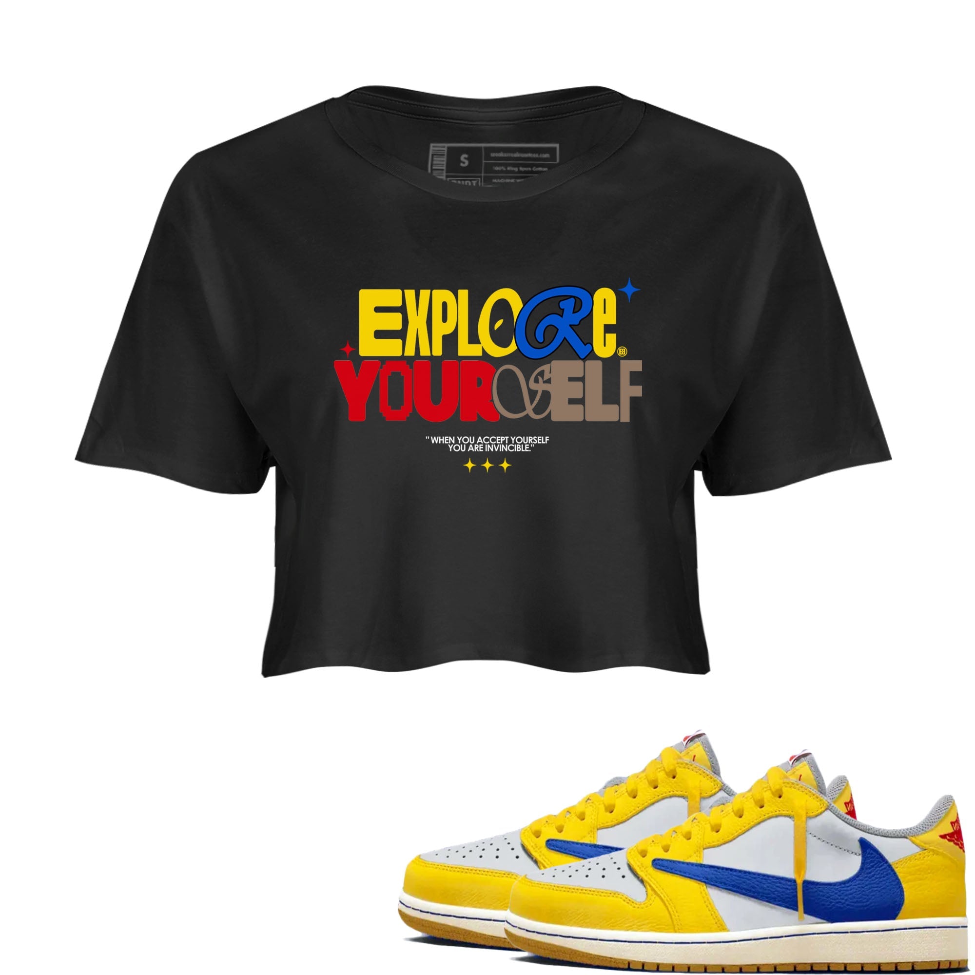 Air Jordan 1 Low Travis Scott Canary shirts to match jordans Explore Yourself sneaker match tees AJ1 Travis Scott Canary Drip Gear Zone Black 1 crop length shirt