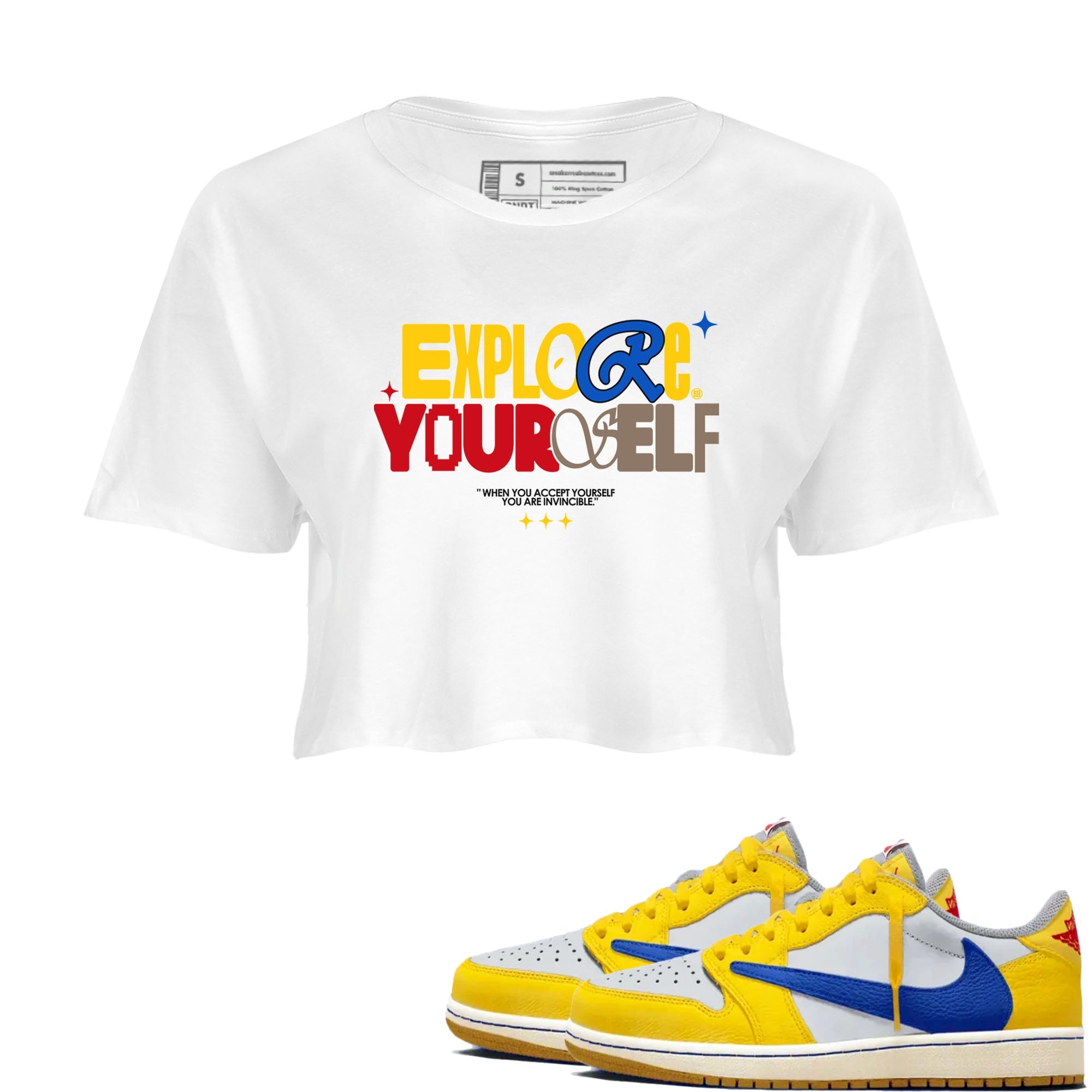 Air Jordan 1 Low Travis Scott Canary shirts to match jordans Explore Yourself sneaker match tees AJ1 Travis Scott Canary Drip Gear Zone White 1 crop length shirt