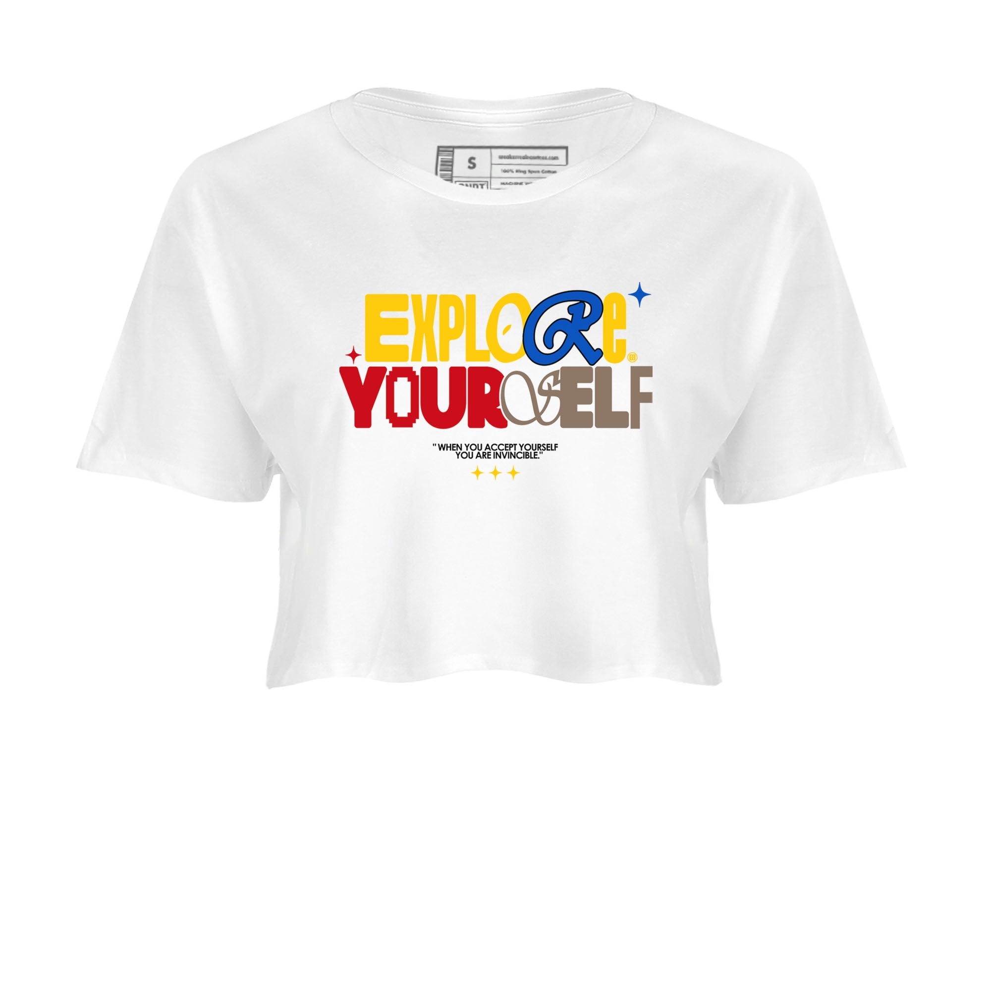 Air Jordan 1 Low Travis Scott Canary shirts to match jordans Explore Yourself sneaker match tees AJ1 Travis Scott Canary Drip Gear Zone White 2 crop length shirt