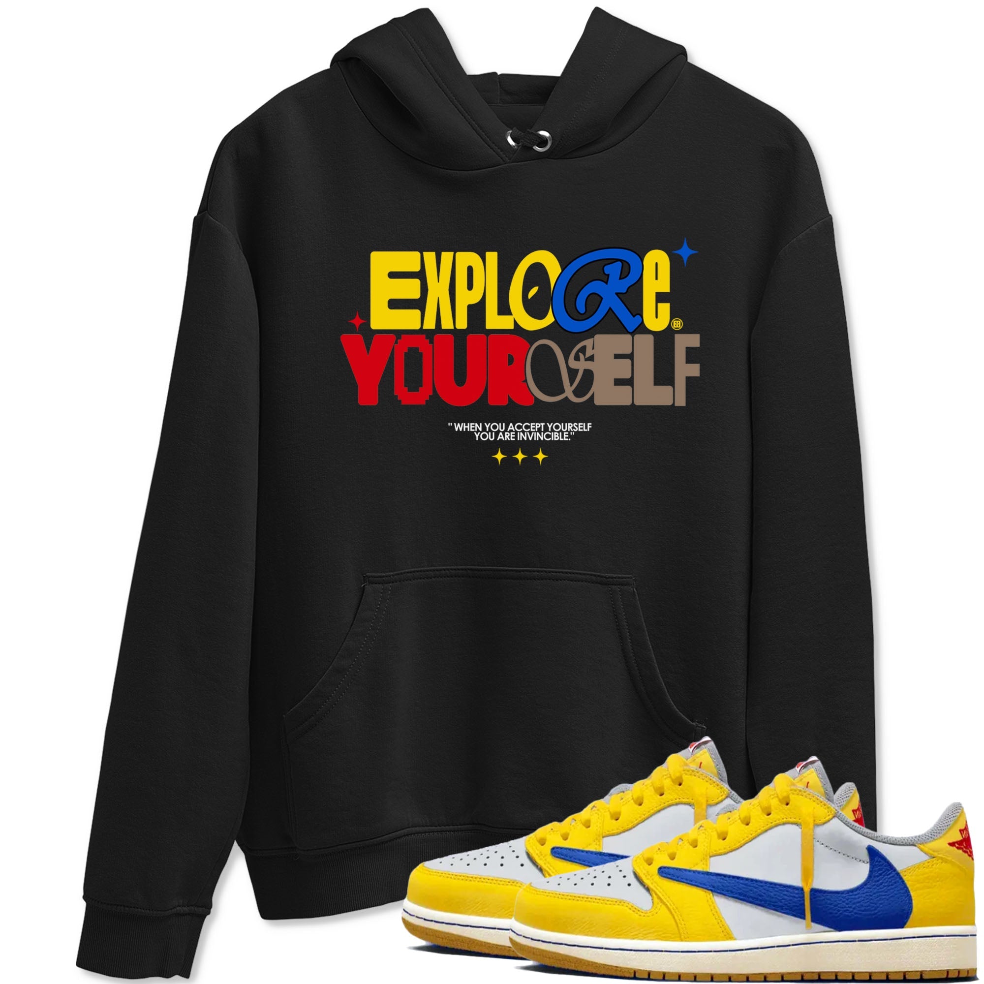 Air Jordan 1 Low Travis Scott Canary shirts to match jordans Explore Yourself sneaker match tees AJ1 Travis Scott Canary Drip Gear Zone unisex cotton Black 1 crew neck shirt