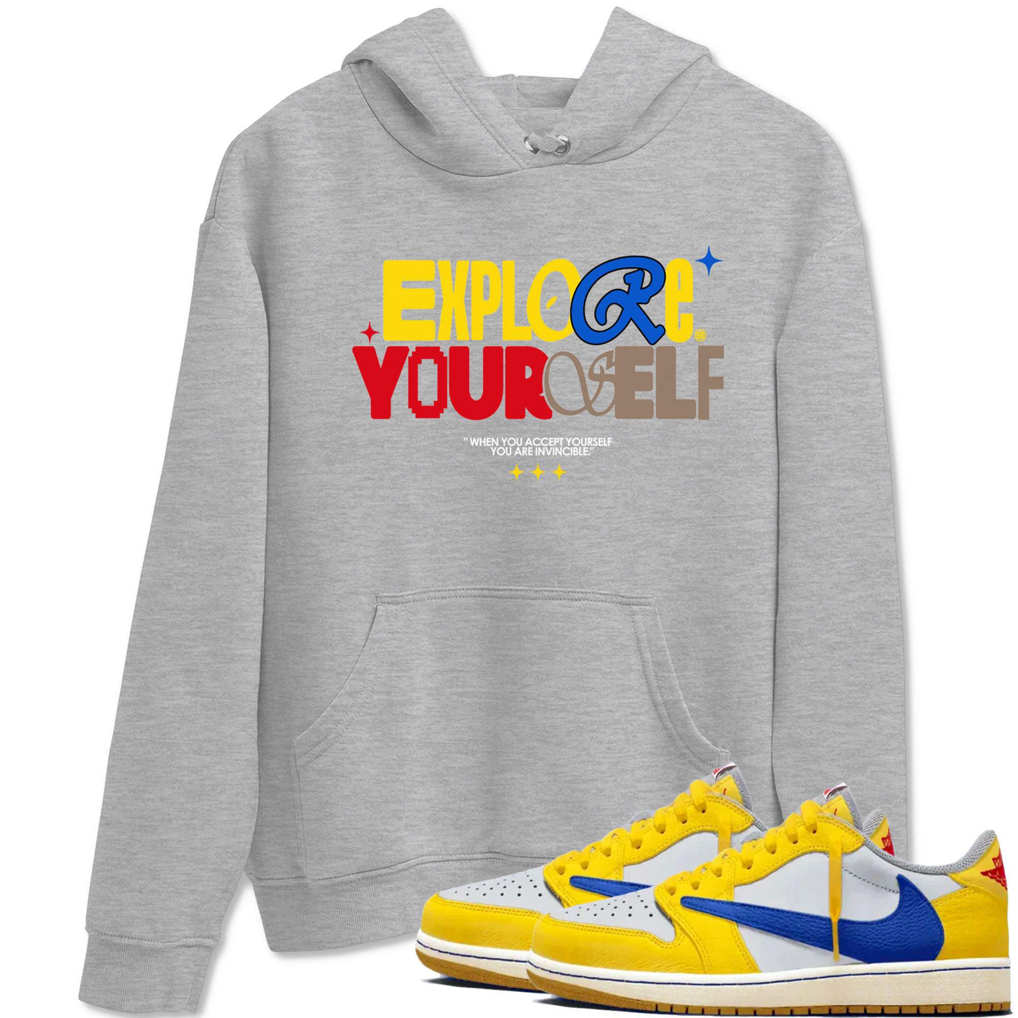Air Jordan 1 Low Travis Scott Canary shirts to match jordans Explore Yourself sneaker match tees AJ1 Travis Scott Canary Drip Gear Zone unisex cotton Heather Grey 1 crew neck shirt