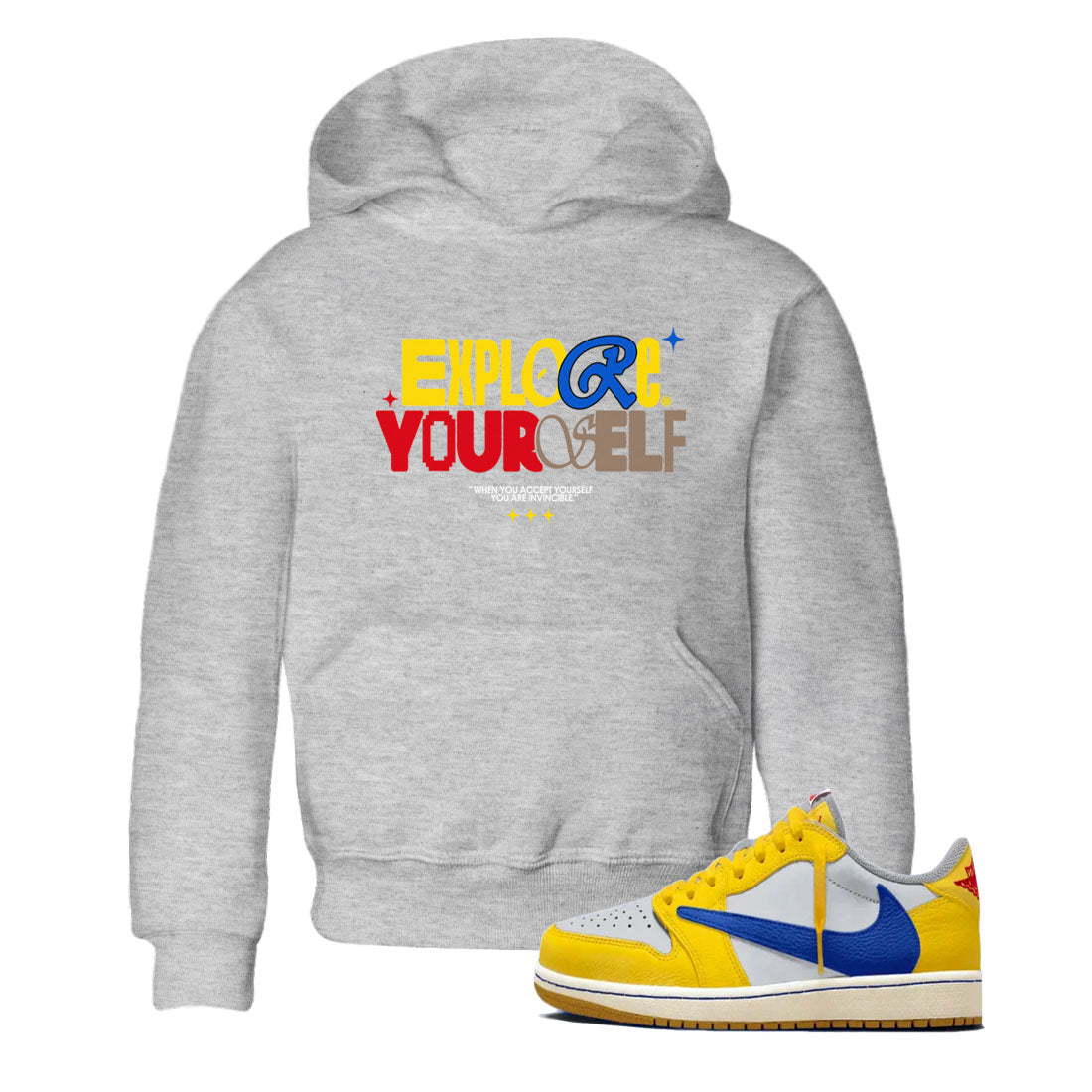Air Jordan 1 Low Travis Scott Canary shirts to match jordans Explore Yourself sneaker match tees AJ1 Travis Scott Canary Drip Gear Zone baby toddler Heather Grey 1 cotton Shirt
