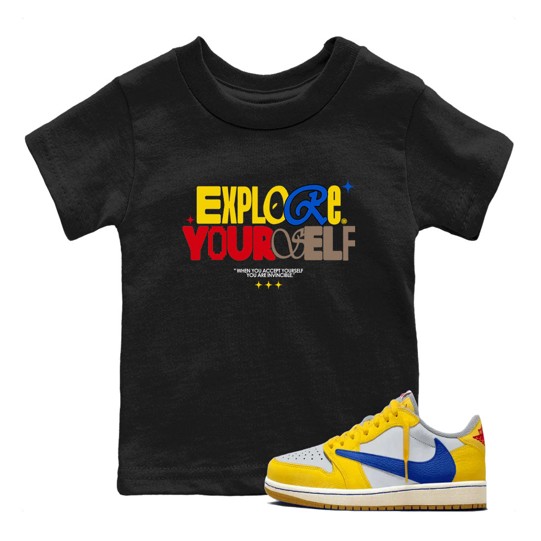 Air Jordan 1 Low Travis Scott Canary shirts to match jordans Explore Yourself sneaker match tees AJ1 Travis Scott Canary Drip Gear Zone baby toddler Black 1 cotton Shirt