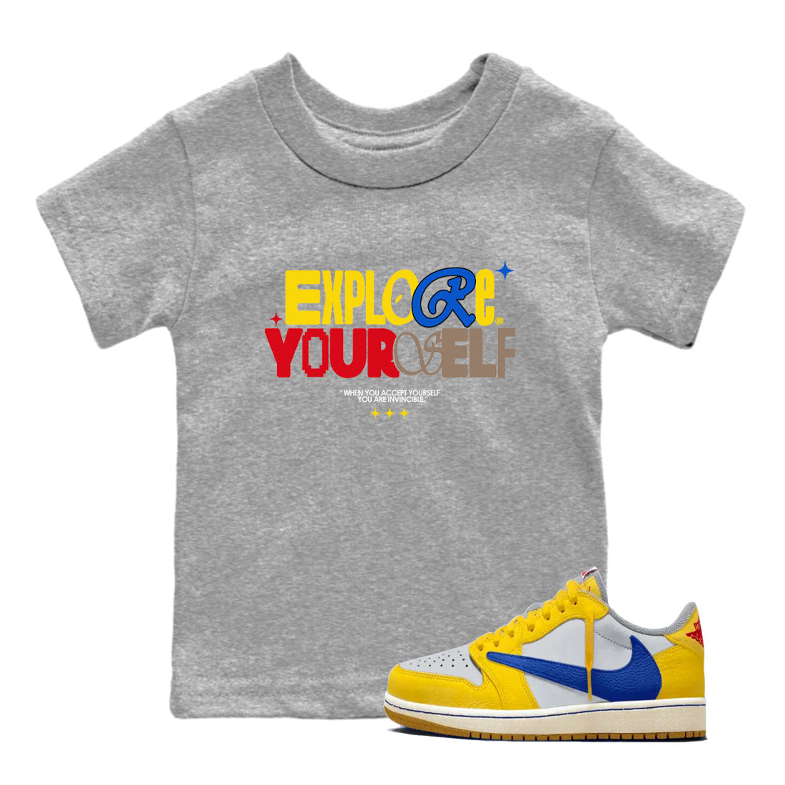 Air Jordan 1 Low Travis Scott Canary shirts to match jordans Explore Yourself sneaker match tees AJ1 Travis Scott Canary Drip Gear Zone baby toddler Heather Grey 1 cotton Shirt