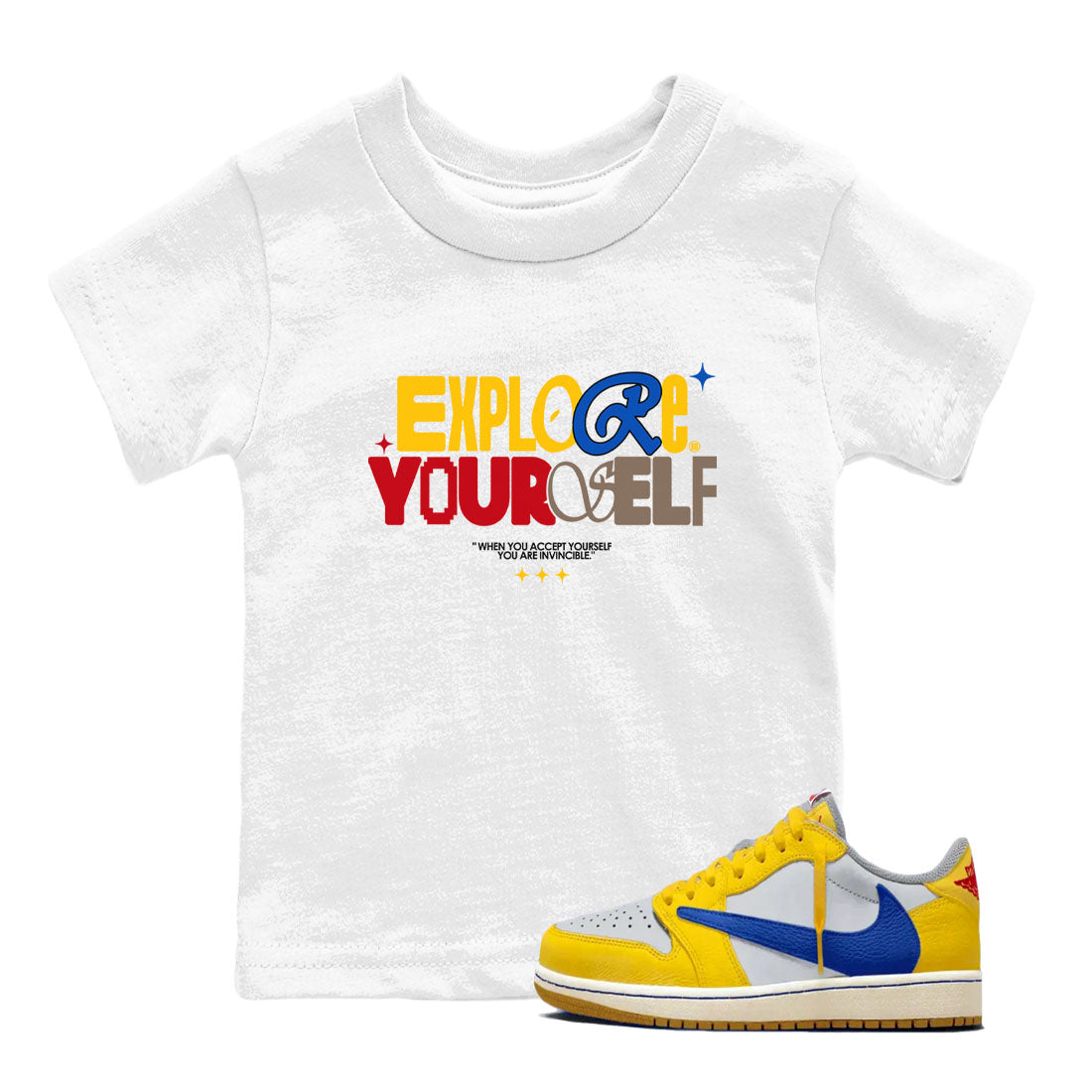 Air Jordan 1 Low Travis Scott Canary shirts to match jordans Explore Yourself sneaker match tees AJ1 Travis Scott Canary Drip Gear Zone baby toddler White 1 cotton Shirt