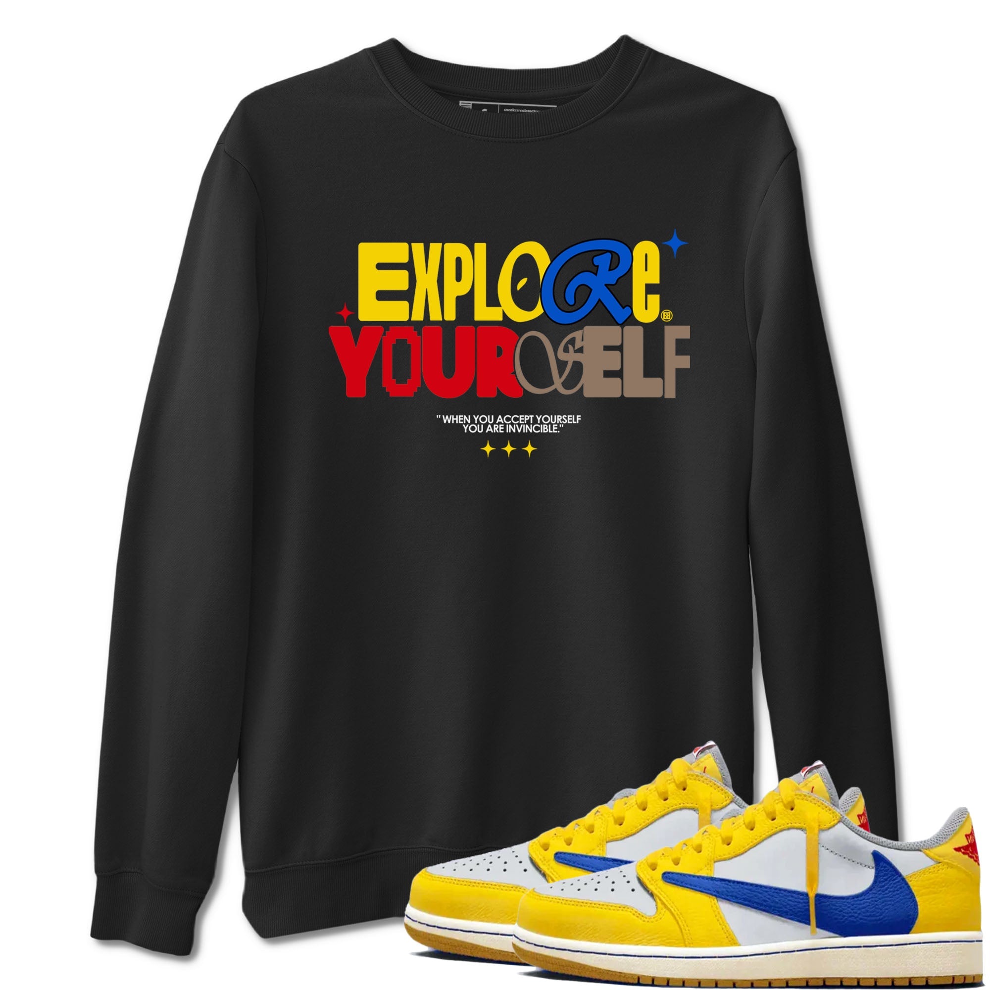 Air Jordan 1 Low Travis Scott Canary shirts to match jordans Explore Yourself sneaker match tees AJ1 Travis Scott Canary Drip Gear Zone unisex cotton Black 1 crew neck shirt