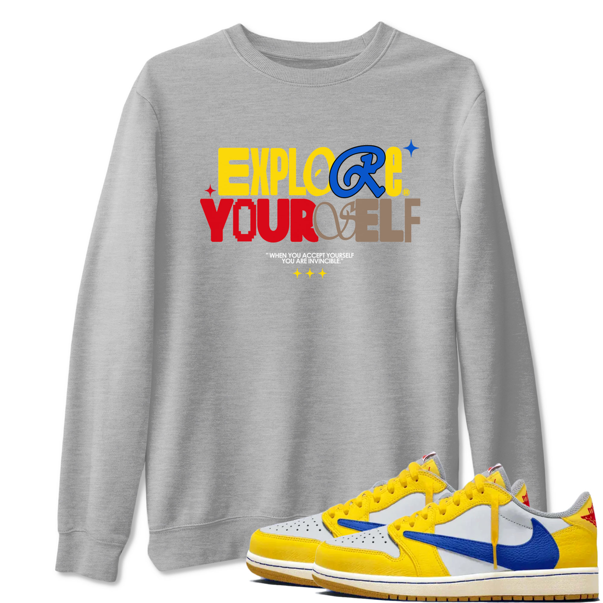 Air Jordan 1 Low Travis Scott Canary shirts to match jordans Explore Yourself sneaker match tees AJ1 Travis Scott Canary Drip Gear Zone unisex cotton Heather Grey 1 crew neck shirt