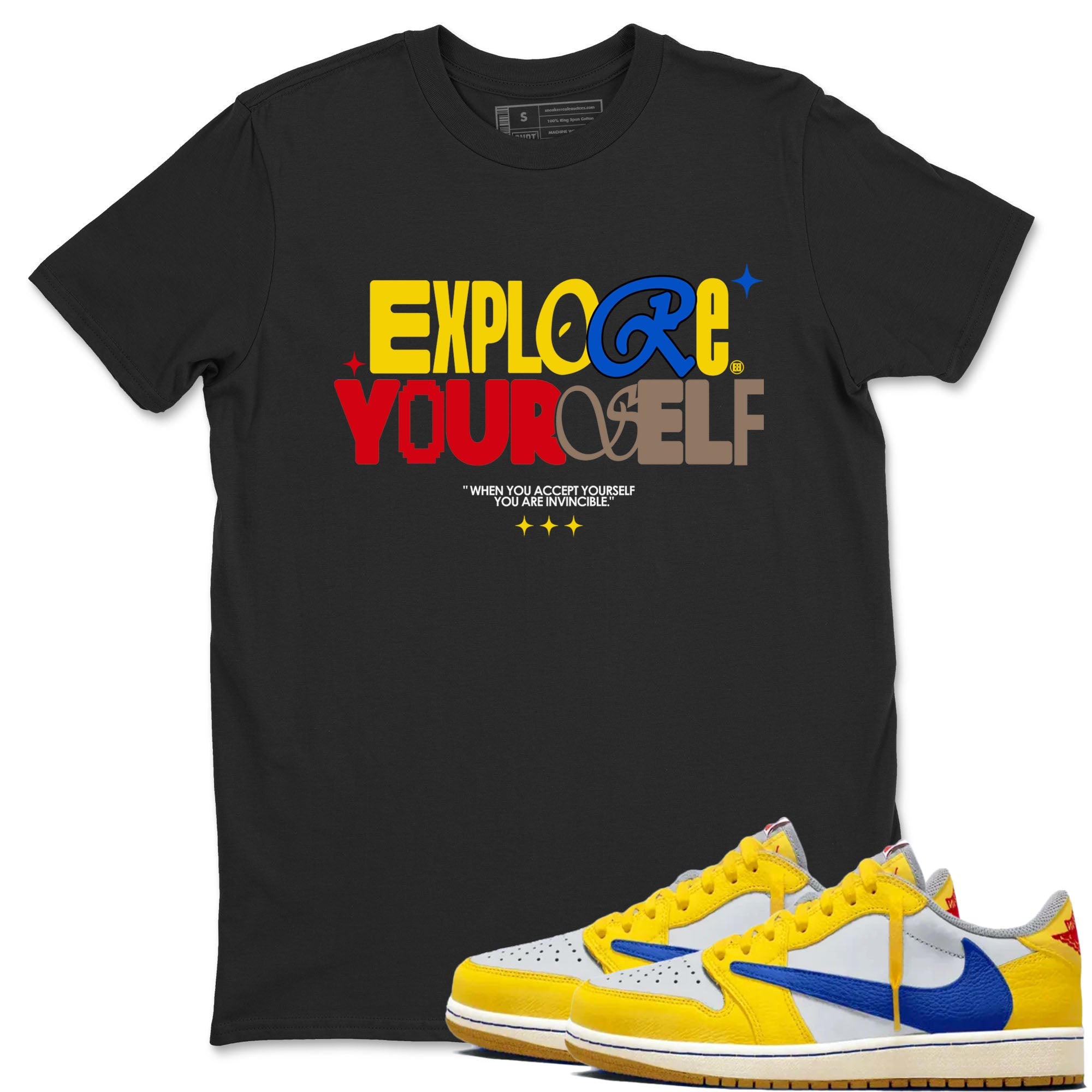 Air Jordan 1 Low Travis Scott Canary shirts to match jordans Explore Yourself sneaker match tees AJ1 Travis Scott Canary Drip Gear Zone unisex cotton Black 1 crew neck shirt