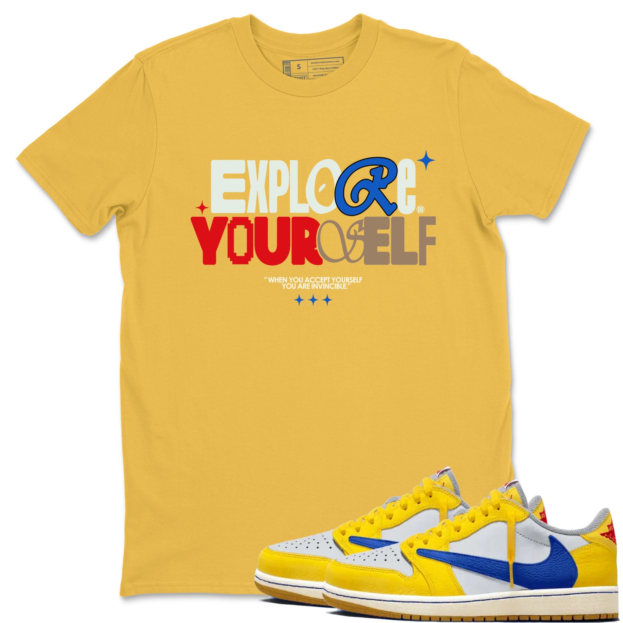 Air Jordan 1 Low Travis Scott Canary shirts to match jordans Explore Yourself sneaker match tees AJ1 Travis Scott Canary Drip Gear Zone unisex cotton Daisy 1 crew neck shirt