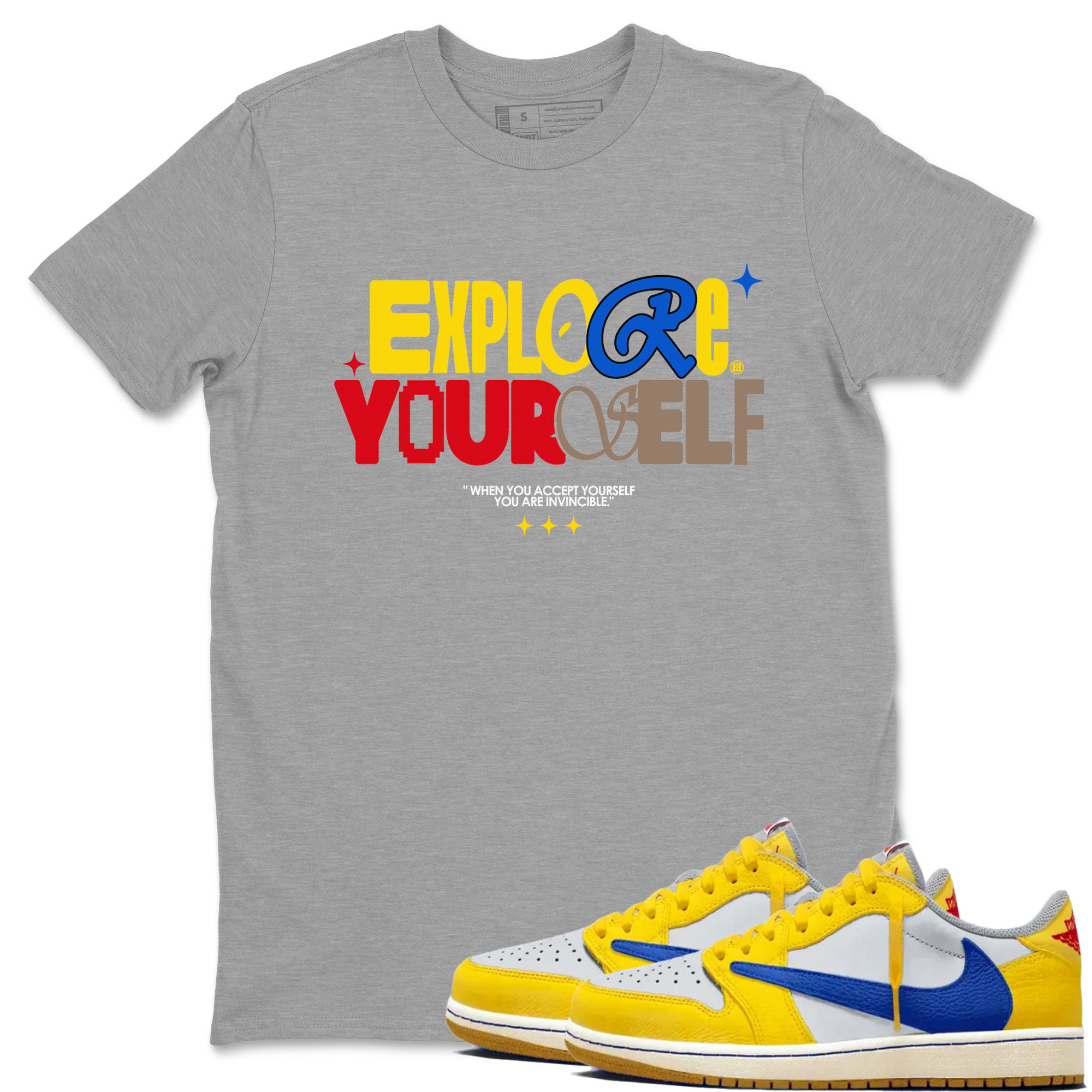 Air Jordan 1 Low Travis Scott Canary shirts to match jordans Explore Yourself sneaker match tees AJ1 Travis Scott Canary Drip Gear Zone unisex cotton Heather Grey 1 crew neck shirt