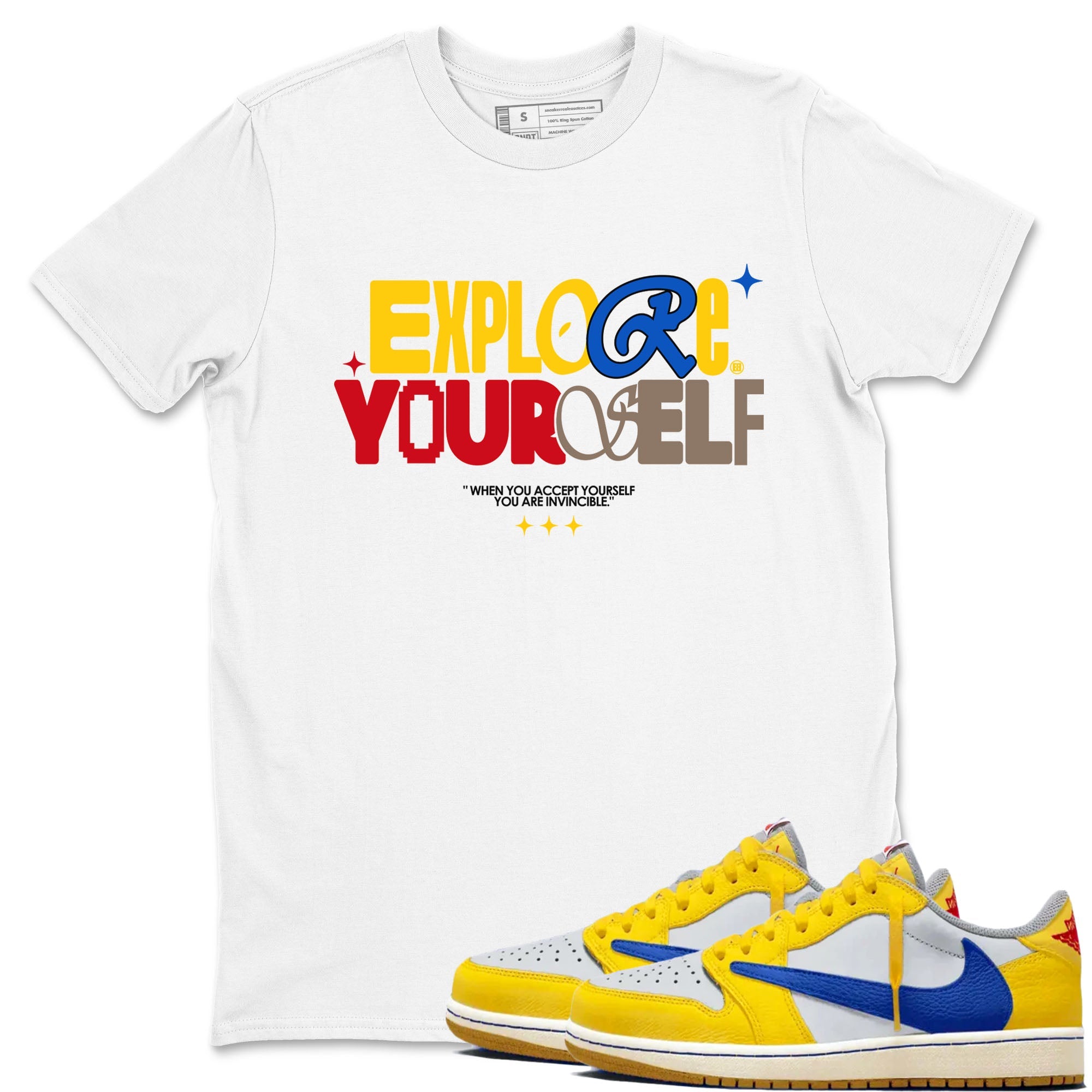 Air Jordan 1 Low Travis Scott Canary shirts to match jordans Explore Yourself sneaker match tees AJ1 Travis Scott Canary Drip Gear Zone unisex cotton White 1 crew neck shirt