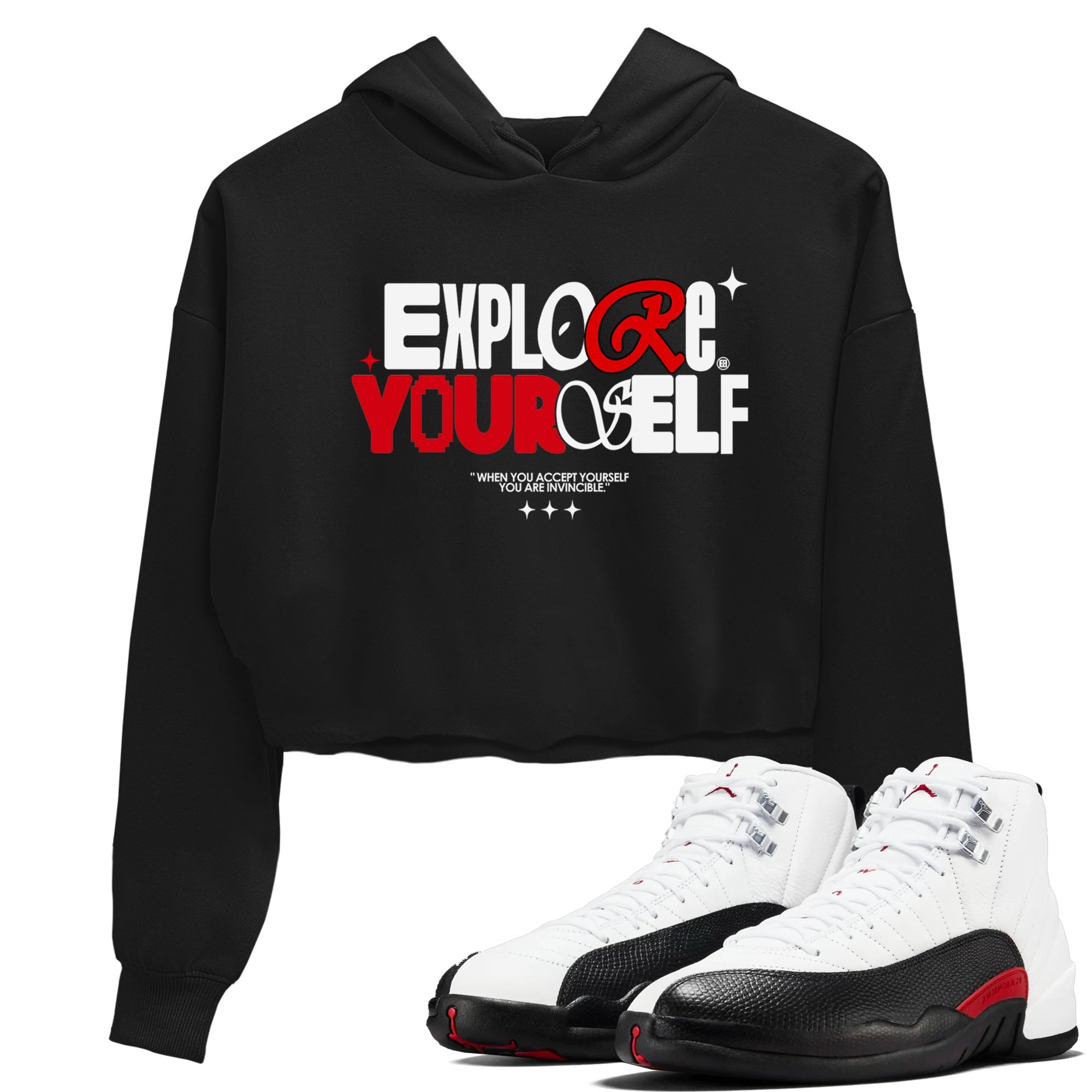 Air Jordan 12 Retro Taxi Flip shirts to match jordans Explore Yourself sneaker match tees 12s Red Taxi Drip Gear Zone Black 1 crop length shirt
