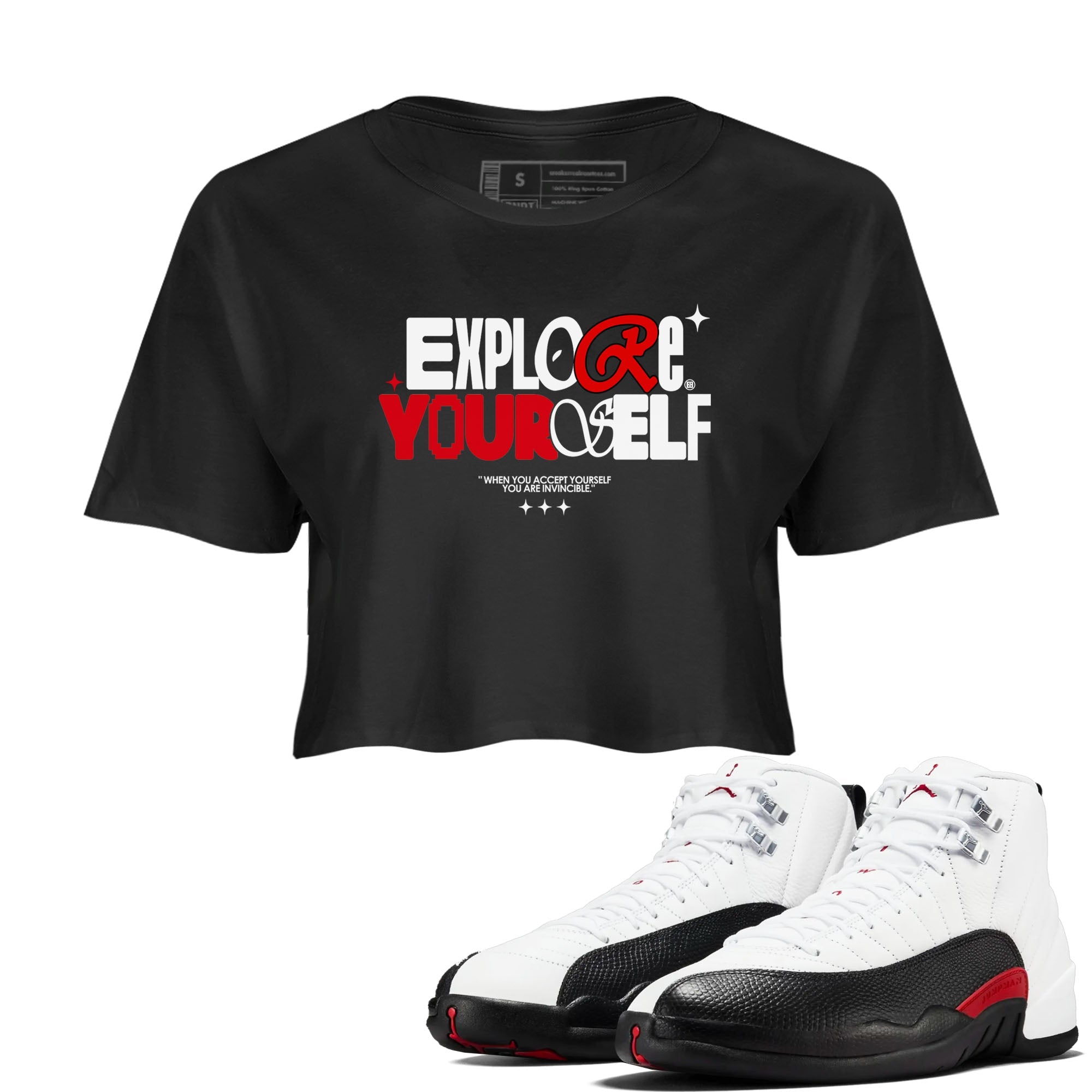 Air Jordan 12 Retro Taxi Flip shirts to match jordans Explore Yourself sneaker match tees 12s Red Taxi Drip Gear Zone Black 1 crop length shirt