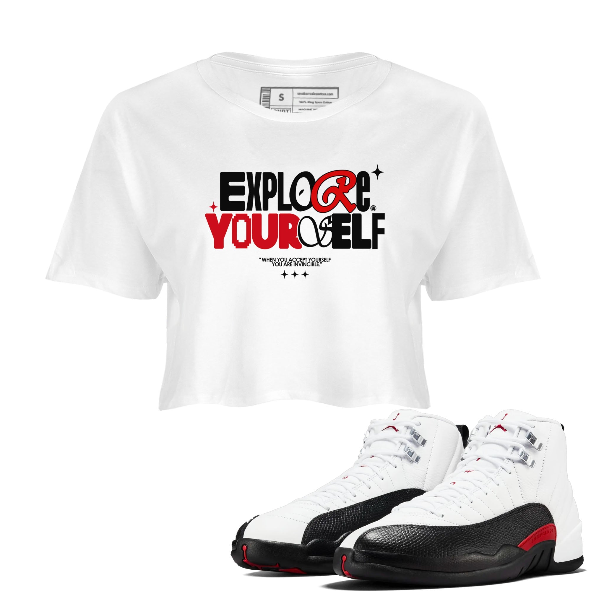 Air Jordan 12 Retro Taxi Flip shirts to match jordans Explore Yourself sneaker match tees 12s Red Taxi Drip Gear Zone White 1 crop length shirt
