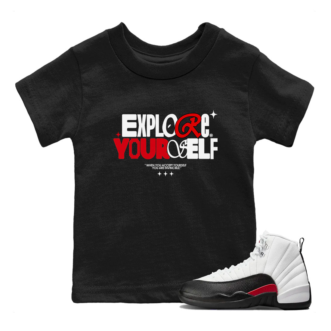 Air Jordan 12 Retro Taxi Flip shirts to match jordans Explore Yourself sneaker match tees 12s Red Taxi Drip Gear Zone baby toddler Black 1 cotton Shirt