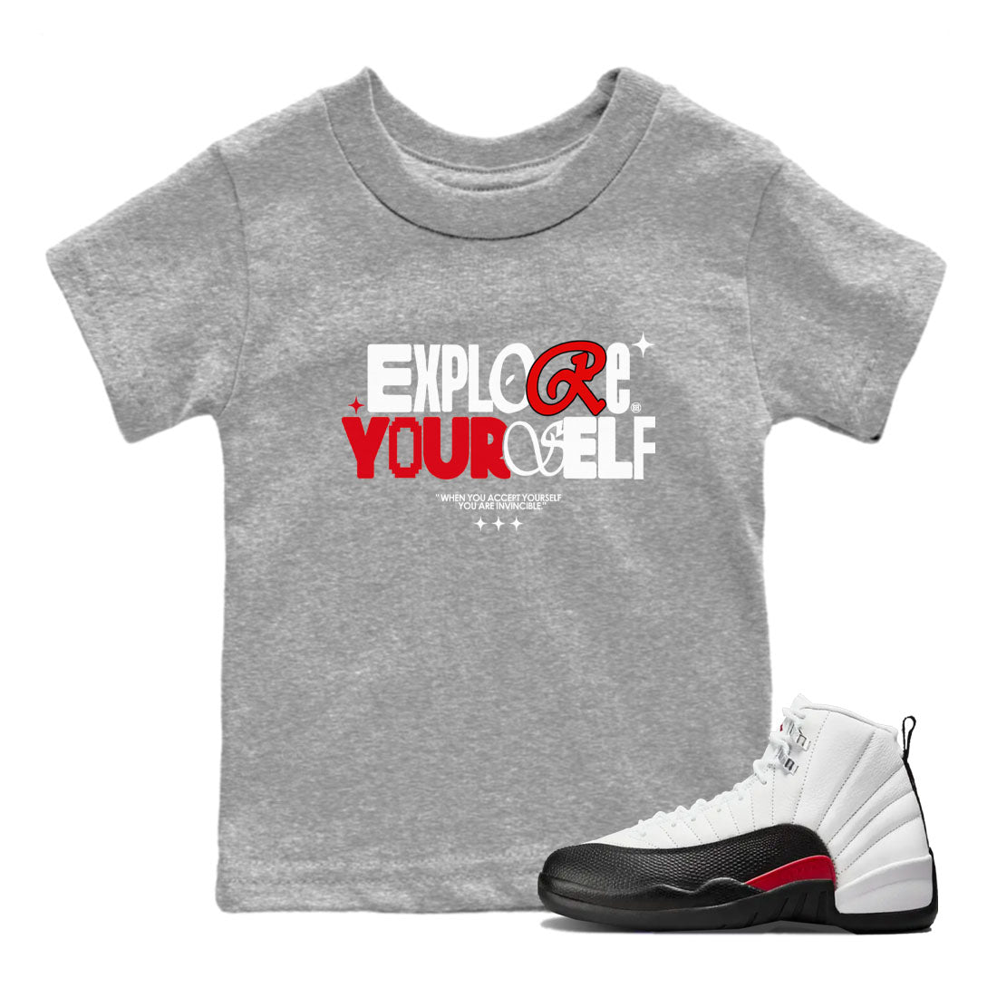 Air Jordan 12 Retro Taxi Flip shirts to match jordans Explore Yourself sneaker match tees 12s Red Taxi Drip Gear Zone baby toddler Heather Grey 1 cotton Shirt