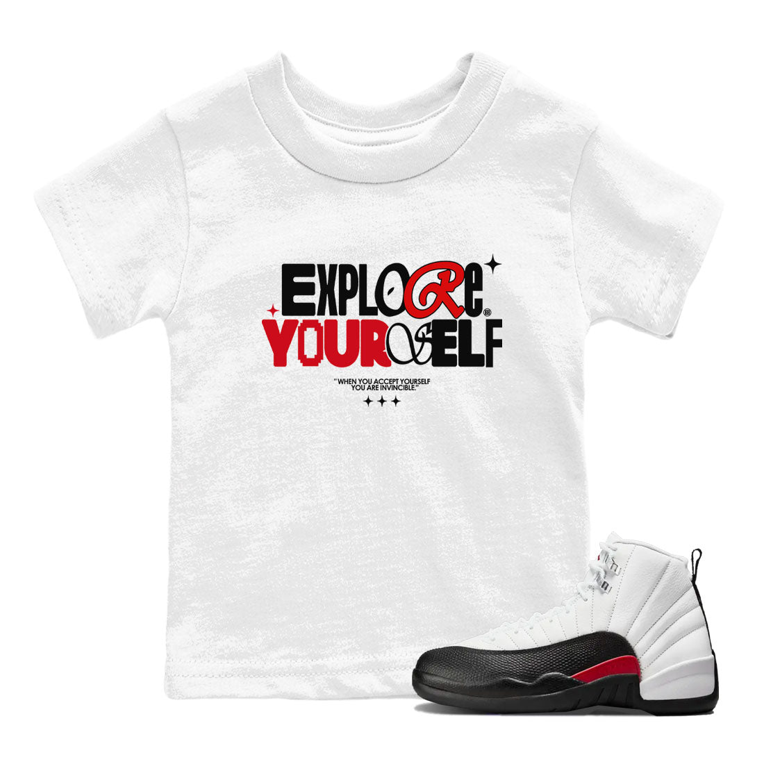 Air Jordan 12 Retro Taxi Flip shirts to match jordans Explore Yourself sneaker match tees 12s Red Taxi Drip Gear Zone baby toddler White 1 cotton Shirt