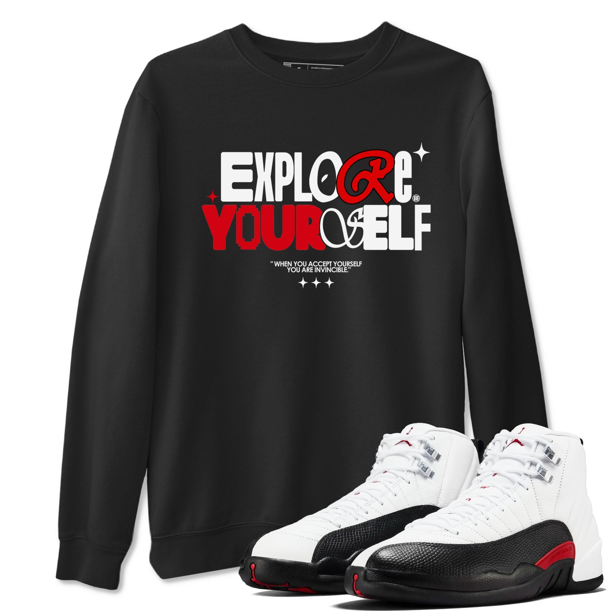 Air Jordan 12 Retro Taxi Flip shirts to match jordans Explore Yourself sneaker match tees 12s Red Taxi Drip Gear Zone unisex cotton Black 1 crew neck shirt