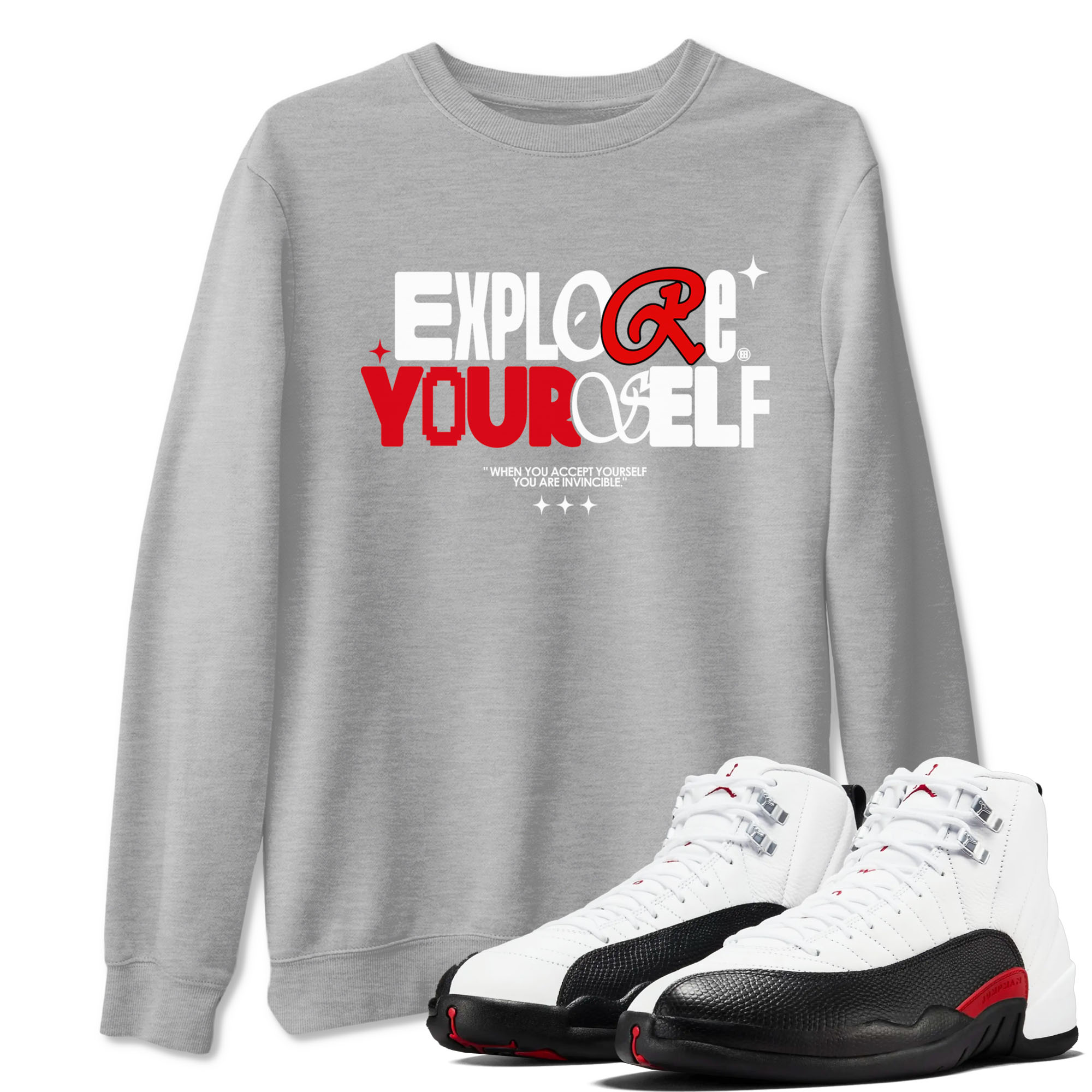 Air Jordan 12 Retro Taxi Flip shirts to match jordans Explore Yourself sneaker match tees 12s Red Taxi Drip Gear Zone unisex cotton Heather Grey 1 crew neck shirt