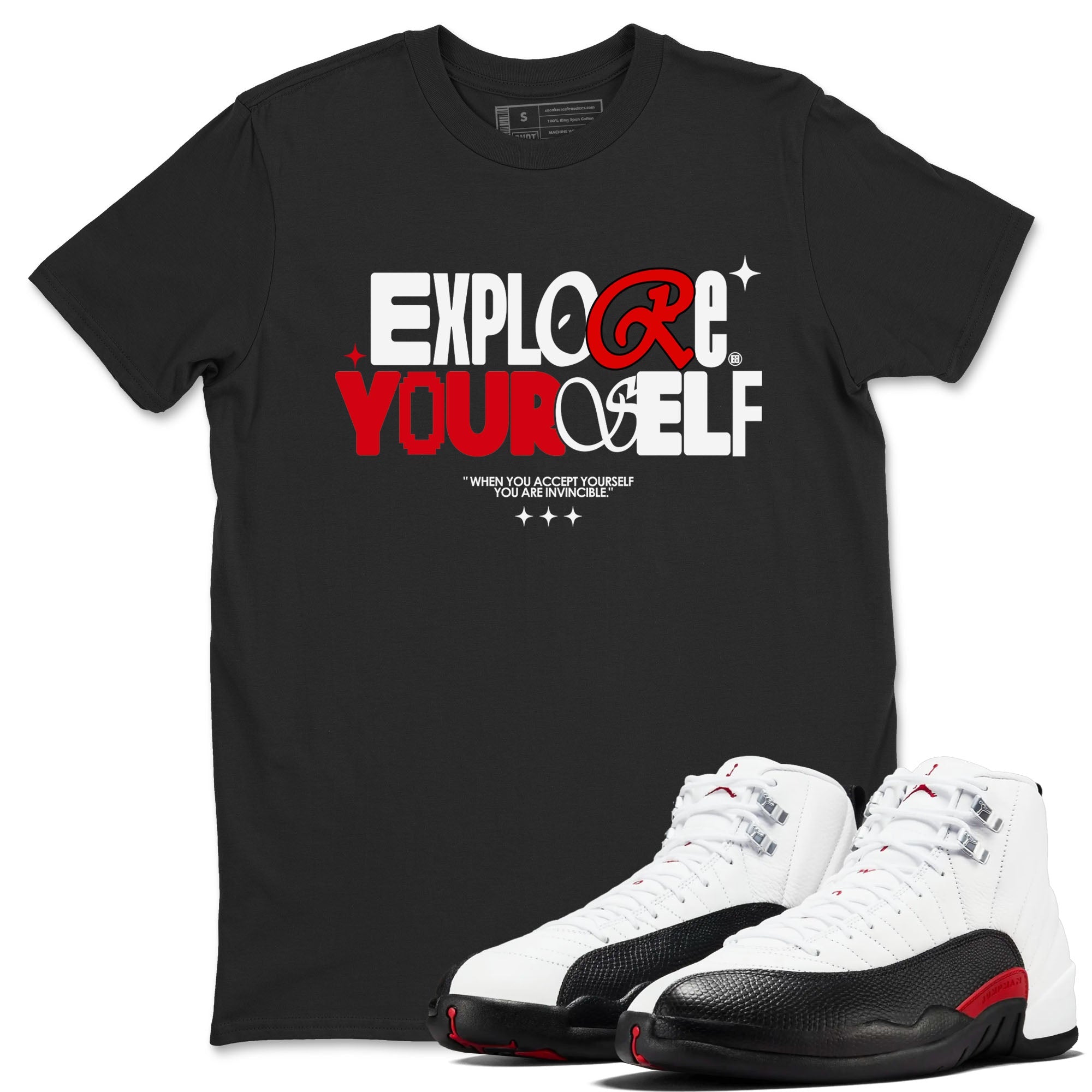 Air Jordan 12 Retro Taxi Flip shirts to match jordans Explore Yourself sneaker match tees 12s Red Taxi Drip Gear Zone unisex cotton Black 1 crew neck shirt