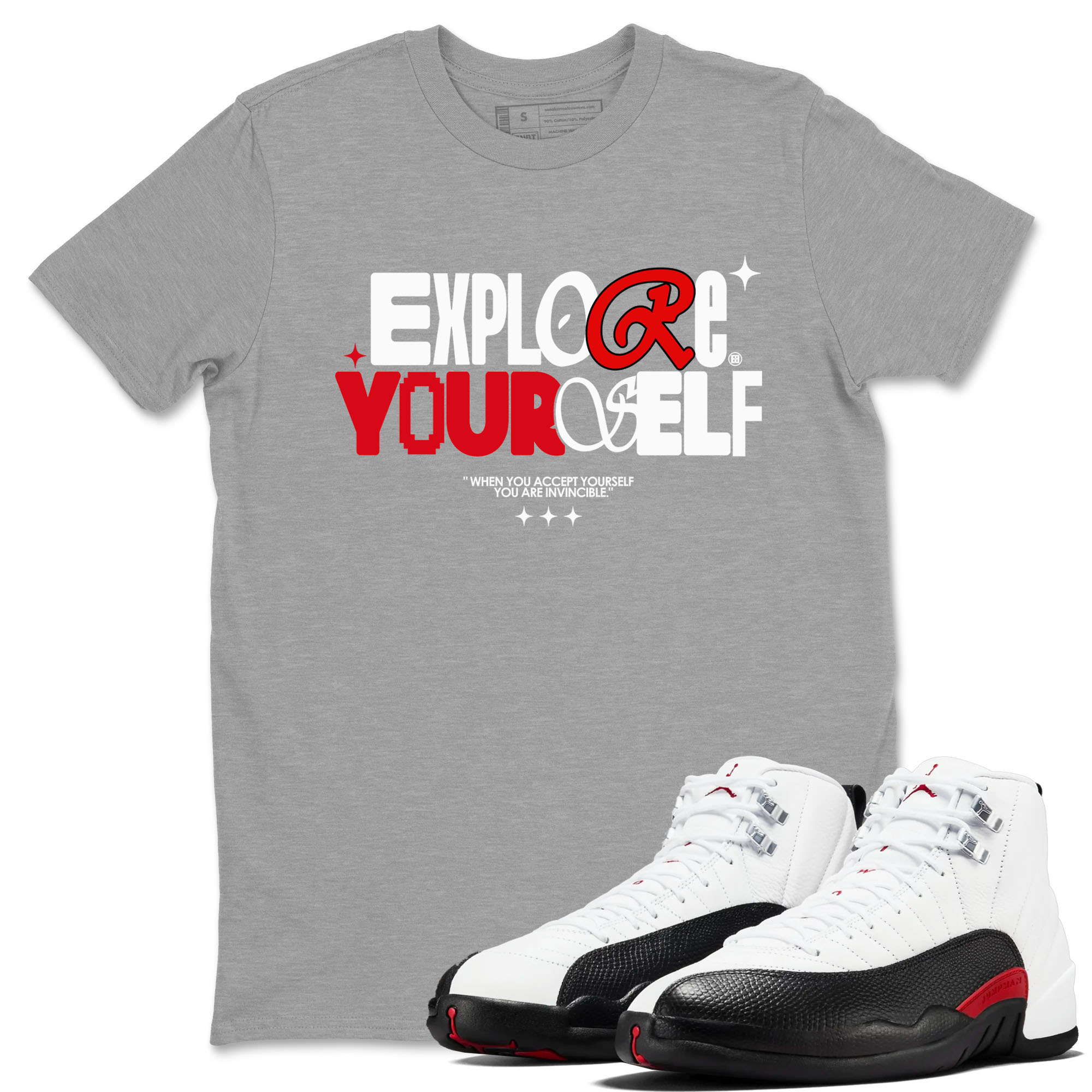 Air Jordan 12 Retro Taxi Flip shirts to match jordans Explore Yourself sneaker match tees 12s Red Taxi Drip Gear Zone unisex cotton Heather Grey 1 crew neck shirt
