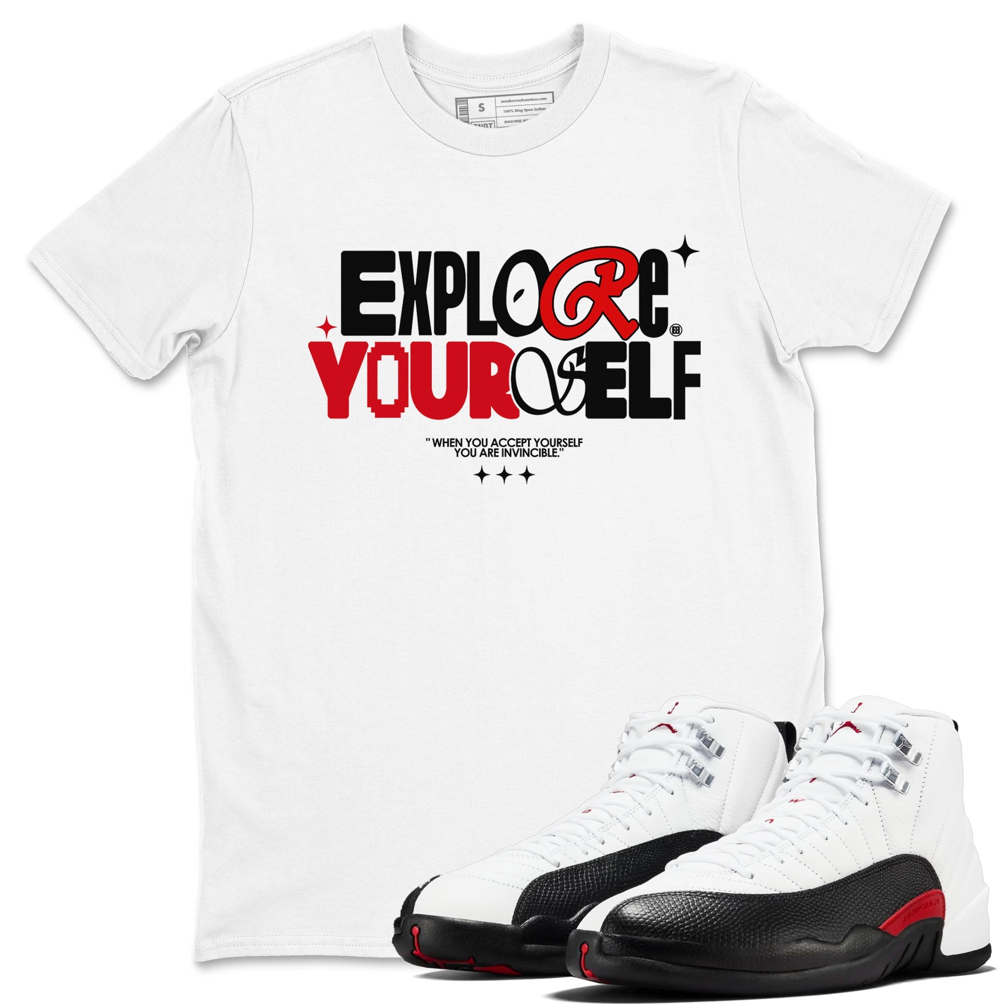 Air Jordan 12 Retro Taxi Flip shirts to match jordans Explore Yourself sneaker match tees 12s Red Taxi Drip Gear Zone unisex cotton White 1 crew neck shirt