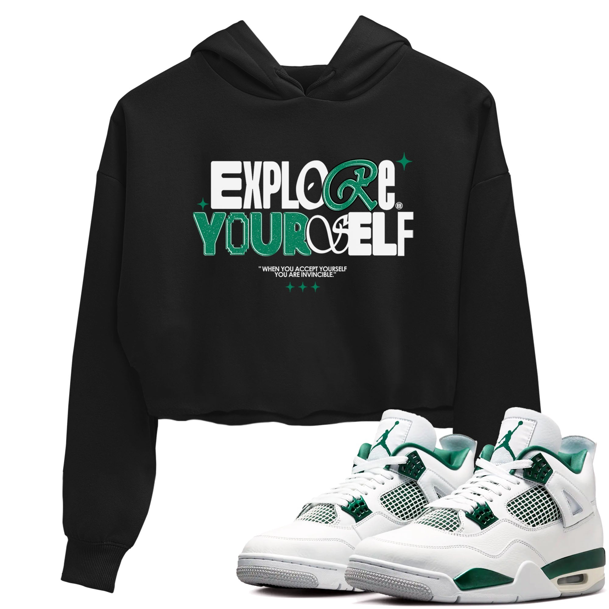 4s Oxidized Green shirts to match jordans Explore Yourself sneaker match tees Air Jordan 4 Oxidized Green Drip Gear Zone streetwear brand Black 1 crop tee