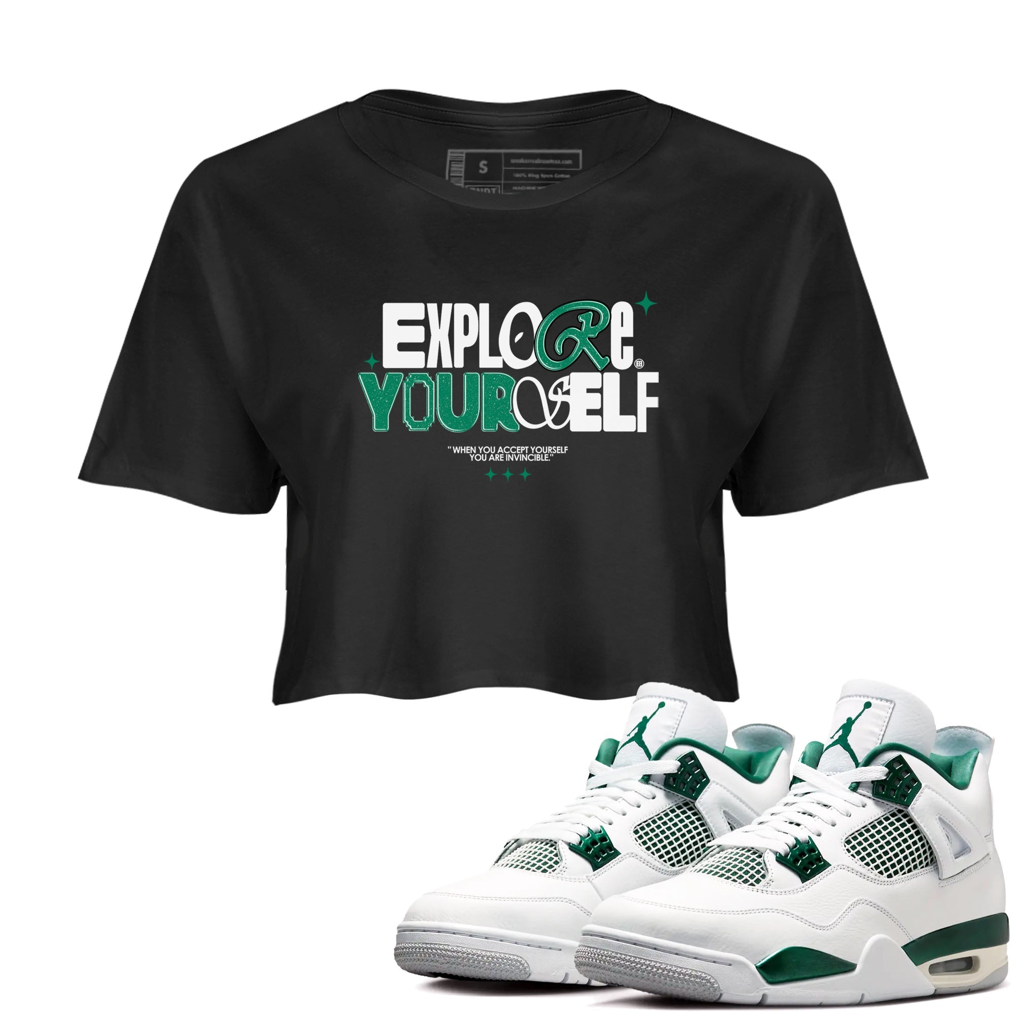 4s Oxidized Green shirts to match jordans Explore Yourself sneaker match tees Air Jordan 4 Oxidized Green Drip Gear Zone streetwear brand Black 1 crop tee