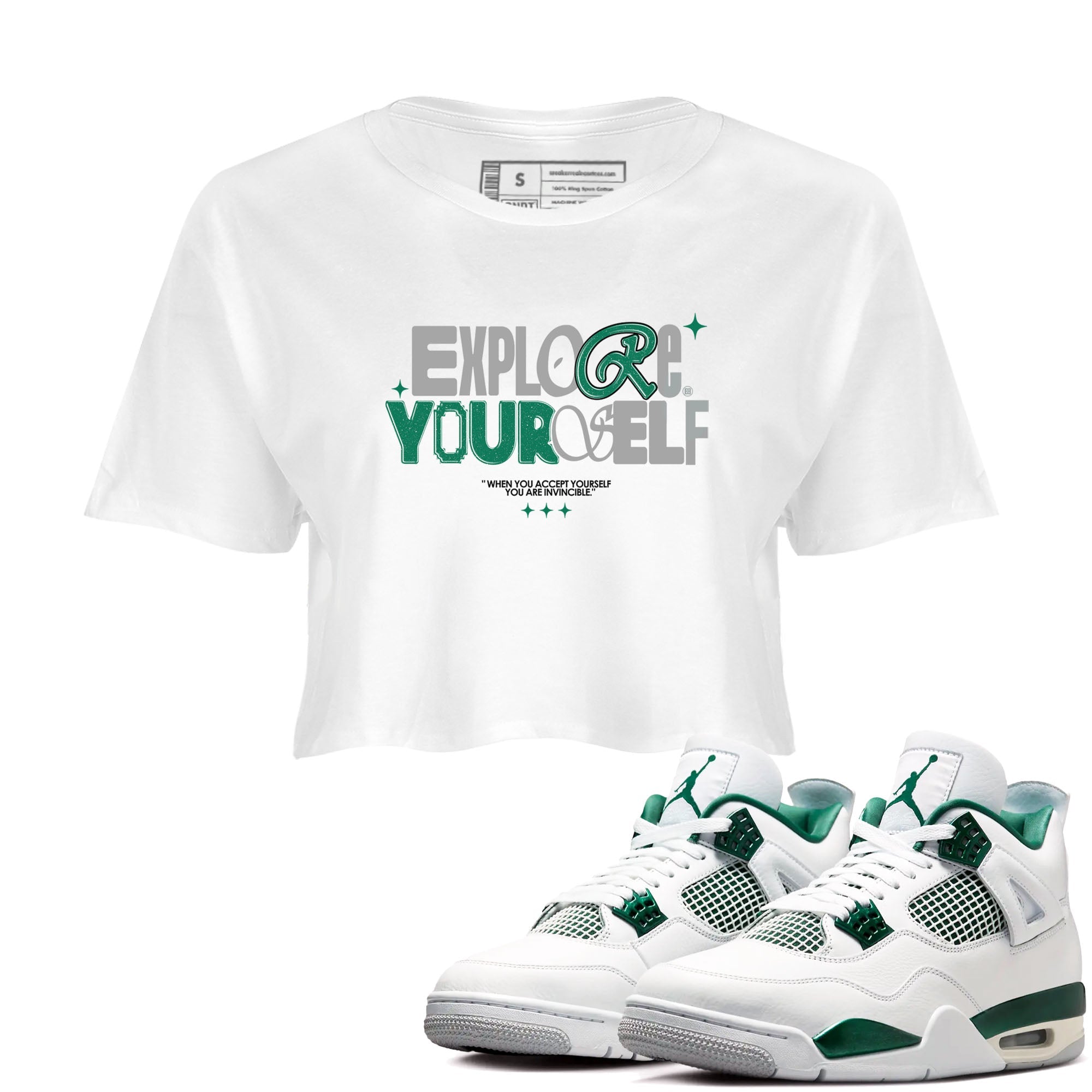 4s Oxidized Green shirts to match jordans Explore Yourself sneaker match tees Air Jordan 4 Oxidized Green Drip Gear Zone streetwear brand White 1 crop tee