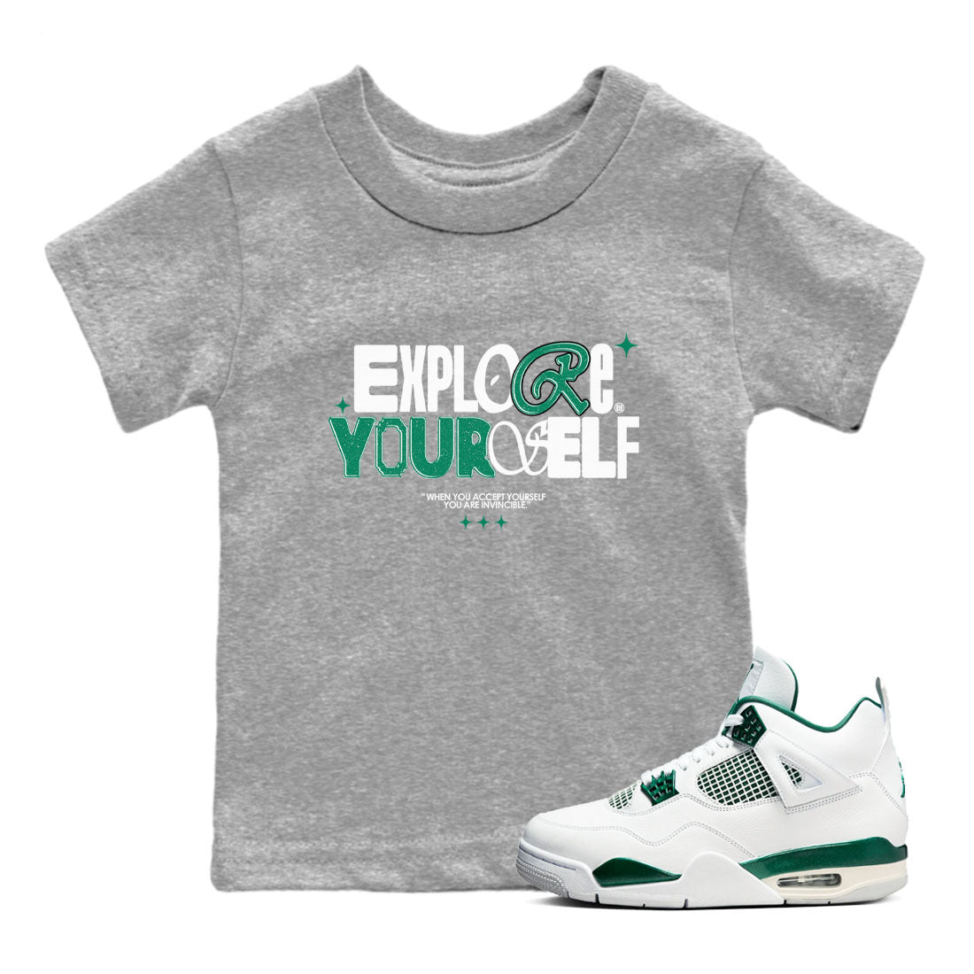 4s Oxidized Green shirts to match jordans Explore Yourself sneaker match tees Air Jordan 4 Oxidized Green Drip Gear Zone streetwear brand Baby and Youth Heather Grey 1 cotton tee