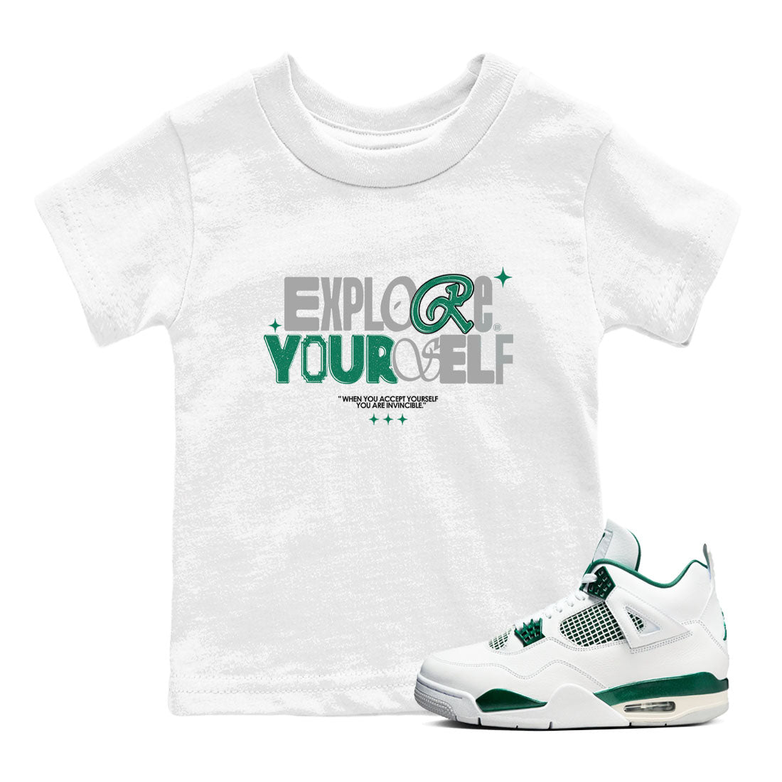 4s Oxidized Green shirts to match jordans Explore Yourself sneaker match tees Air Jordan 4 Oxidized Green Drip Gear Zone streetwear brand Baby and Youth White 1 cotton tee