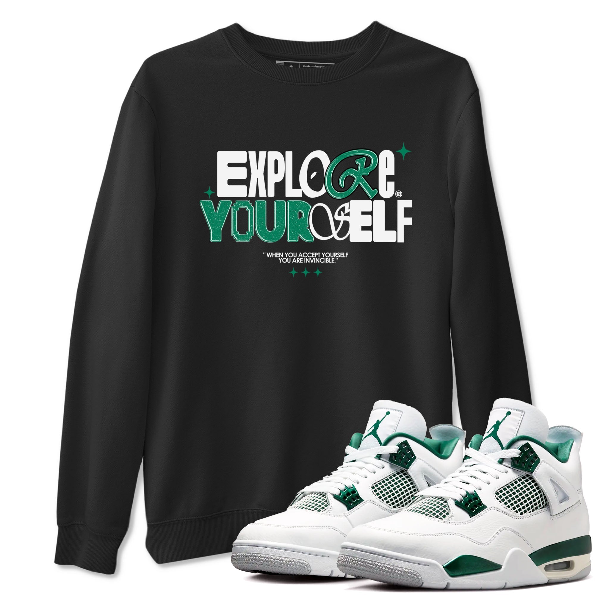 4s Oxidized Green shirts to match jordans Explore Yourself sneaker match tees Air Jordan 4 Oxidized Green Drip Gear Zone streetwear brand Black 1 unisex cotton tee