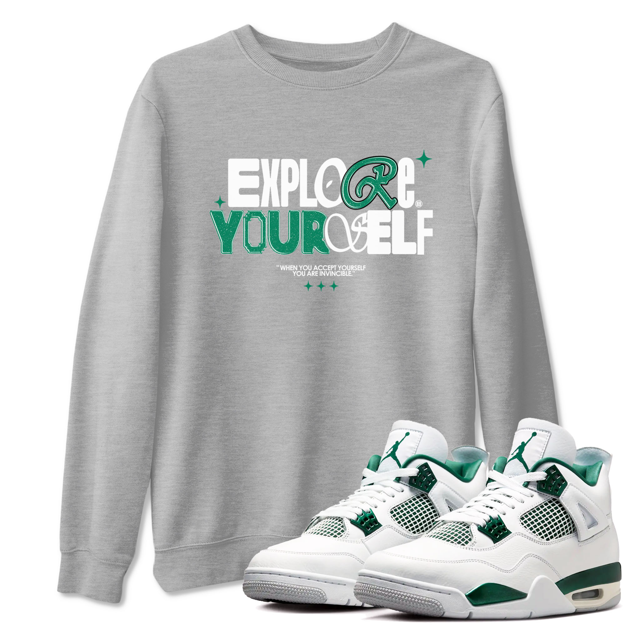 4s Oxidized Green shirts to match jordans Explore Yourself sneaker match tees Air Jordan 4 Oxidized Green Drip Gear Zone streetwear brand Heather Grey 1 unisex cotton tee