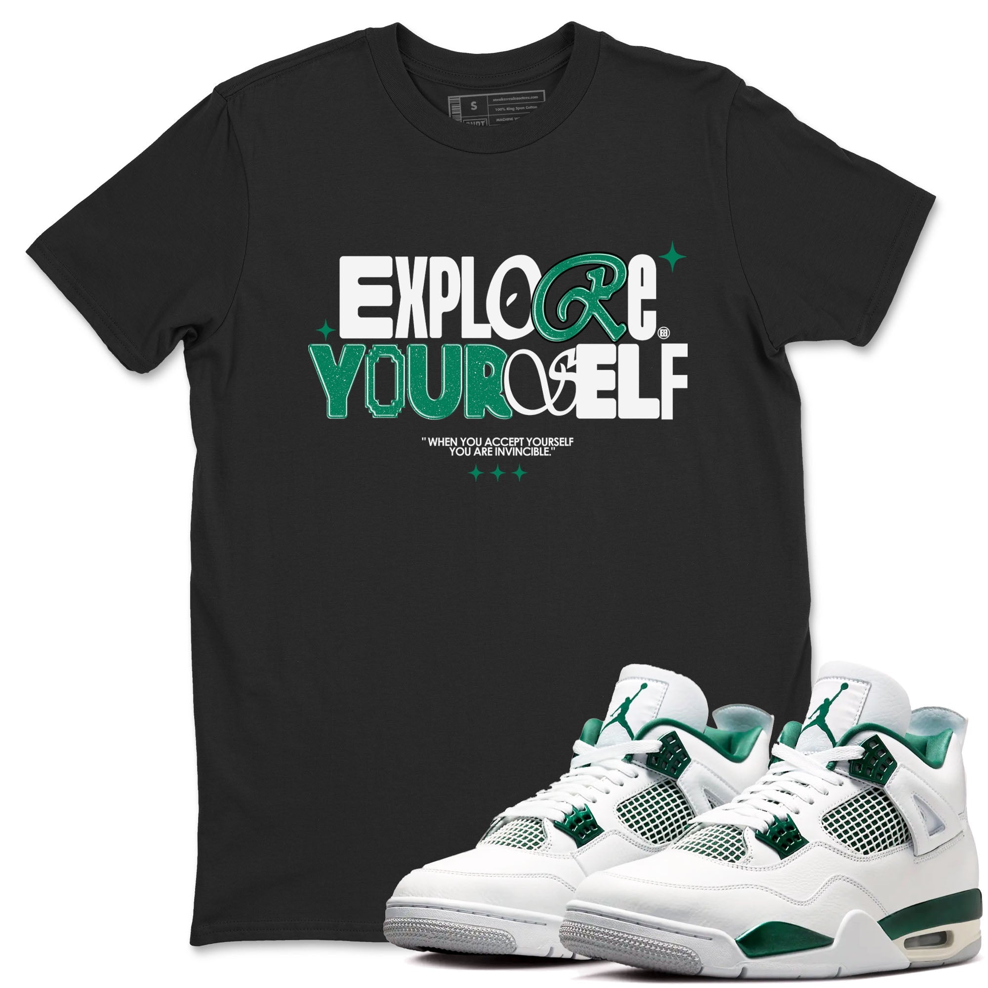 4s Oxidized Green shirts to match jordans Explore Yourself sneaker match tees Air Jordan 4 Oxidized Green Drip Gear Zone streetwear brand Black 1 unisex cotton tee