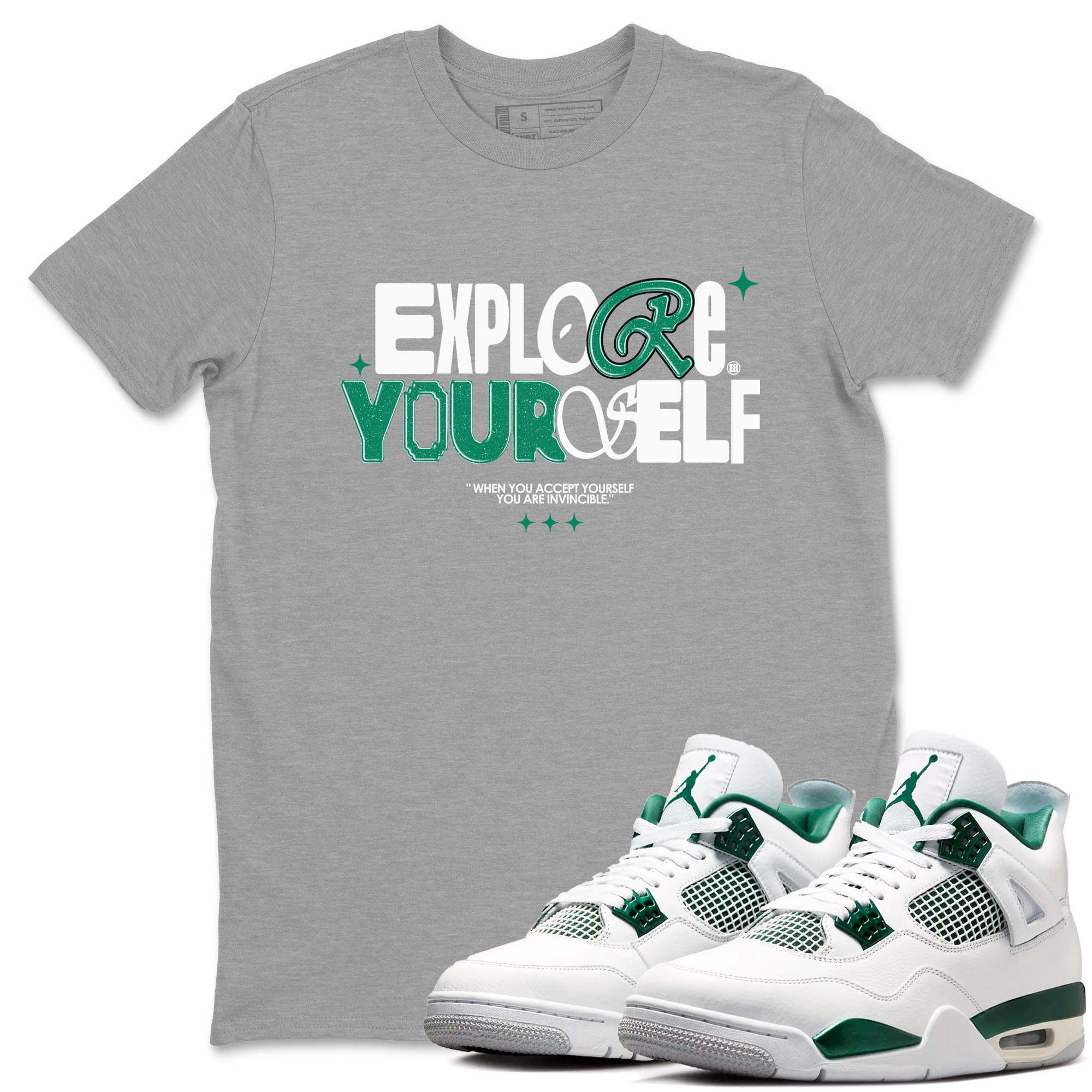 4s Oxidized Green shirts to match jordans Explore Yourself sneaker match tees Air Jordan 4 Oxidized Green Drip Gear Zone streetwear brand Heather Grey 1 unisex cotton tee