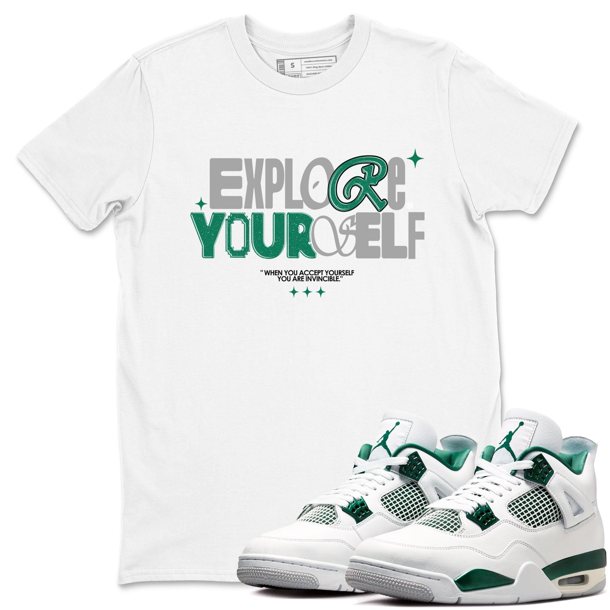 4s Oxidized Green shirts to match jordans Explore Yourself sneaker match tees Air Jordan 4 Oxidized Green Drip Gear Zone streetwear brand White 1 unisex cotton tee