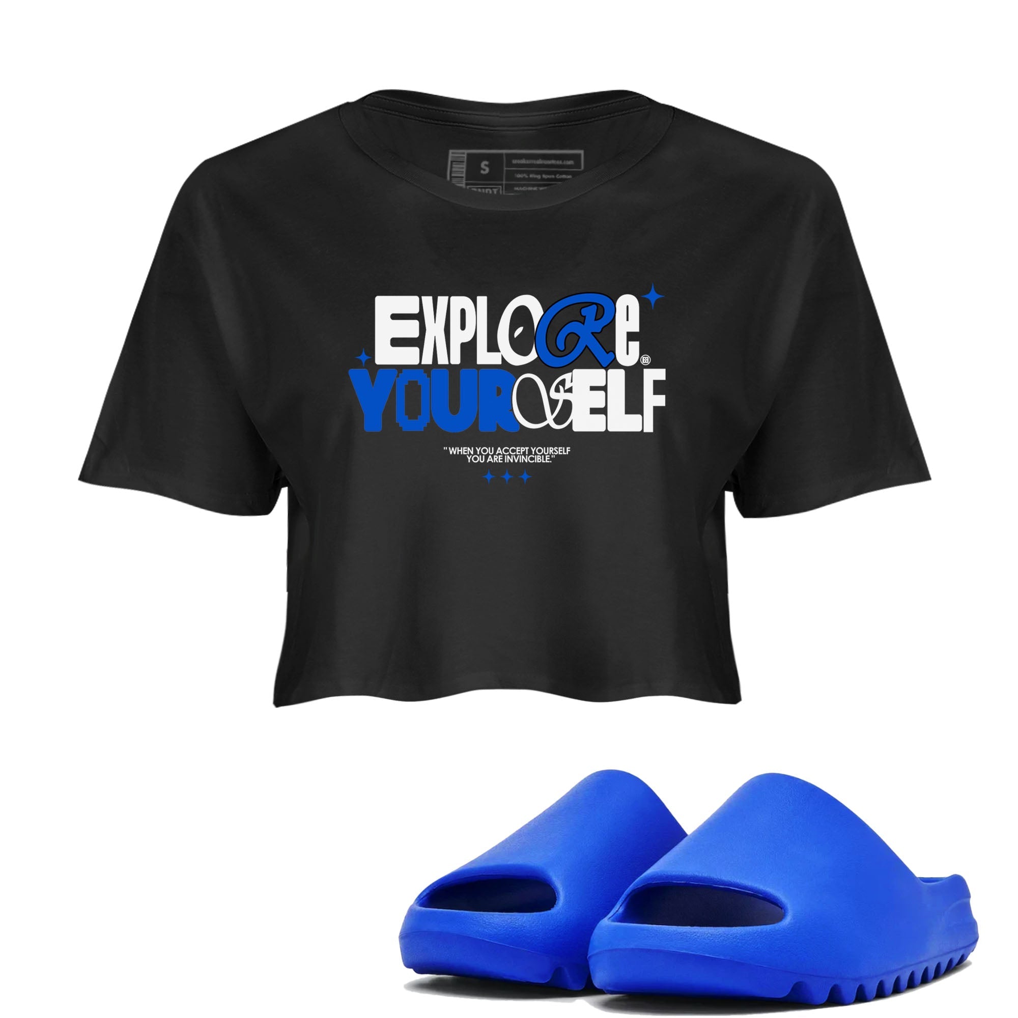 Yeezy Slide Azure shirts to match jordans Explore Yourself sneaker match tees Yeezy Slide Azure Drip Gear Zone streetwear brand Black 1 crop tee