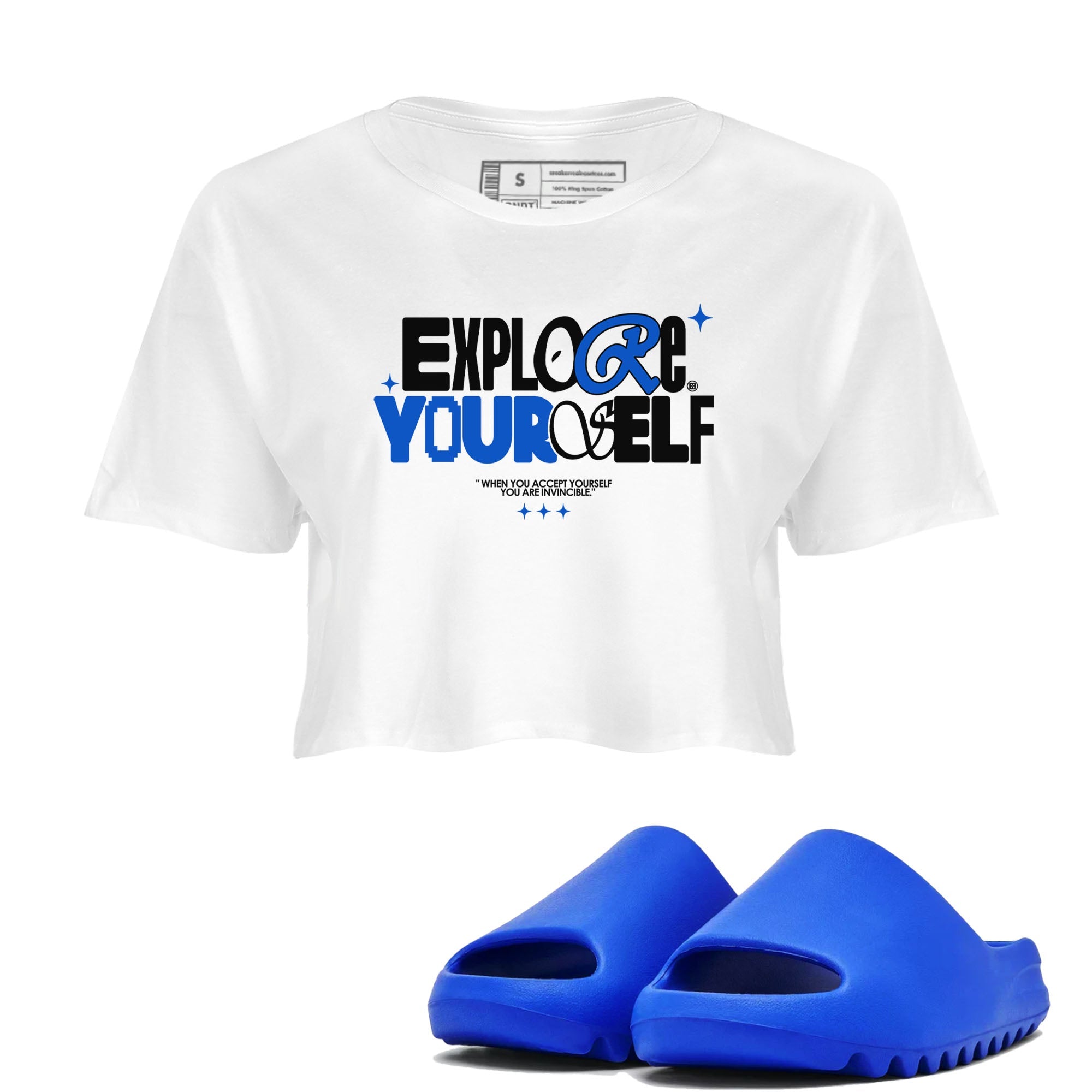 Yeezy Slide Azure shirts to match jordans Explore Yourself sneaker match tees Yeezy Slide Azure Drip Gear Zone streetwear brand White 1 crop tee