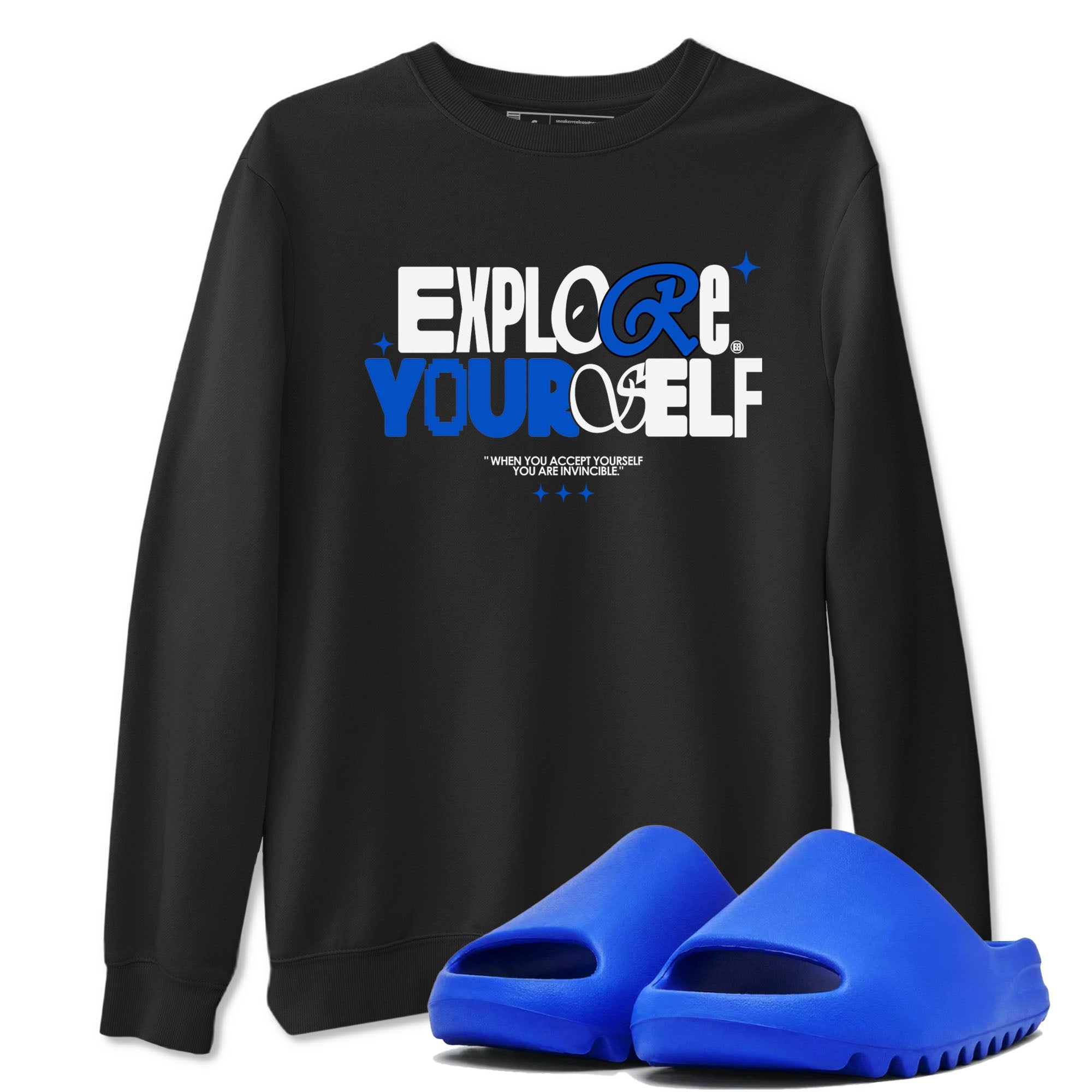 Yeezy Slide Azure shirts to match jordans Explore Yourself sneaker match tees Yeezy Slide Azure Drip Gear Zone streetwear brand Black 1 unisex cotton tee