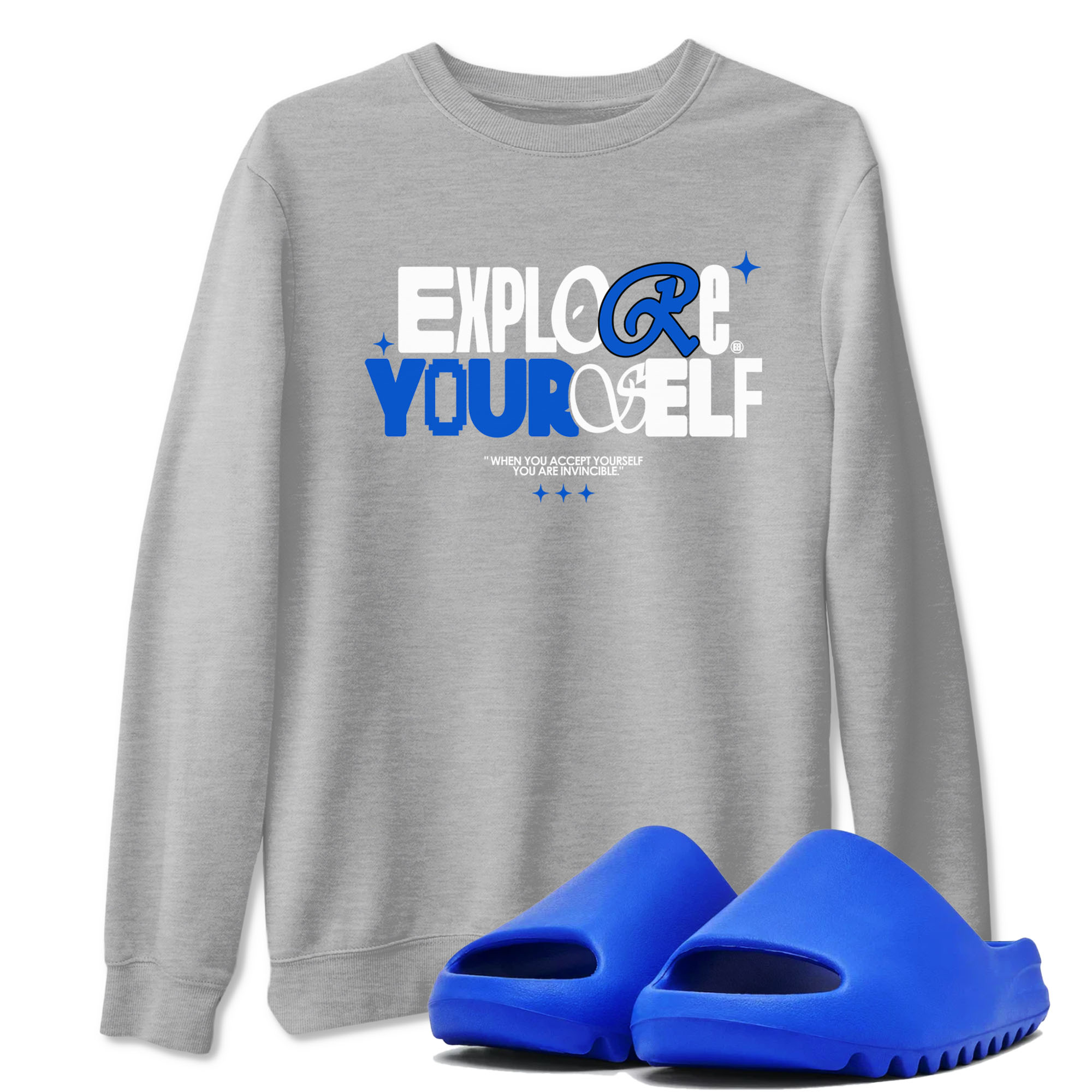 Yeezy Slide Azure shirts to match jordans Explore Yourself sneaker match tees Yeezy Slide Azure Drip Gear Zone streetwear brand Heather Grey 1 unisex cotton tee